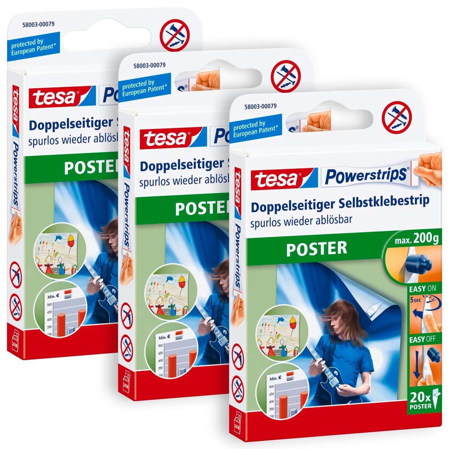 tesa Klebehaken POWERSTRIPS Poster Doppelseitige Klebestreifen, (Spar-Set, 60-St., 3 x 20 tesa Powerstrips® Poster), Klebepads mit max. 200 g Haltekraft - 3er Pack - je 20 Stück