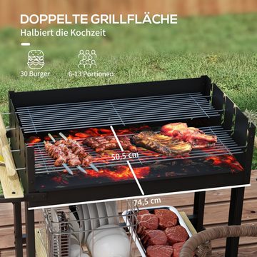 Outsunny Holzkohlegrill Grillwagen mit zwei Grillrost, Ablage, Gartengrill, Campinggrill, für BBQ, Metall, Schwarz, 113 x 53,5 x 82,5 cm