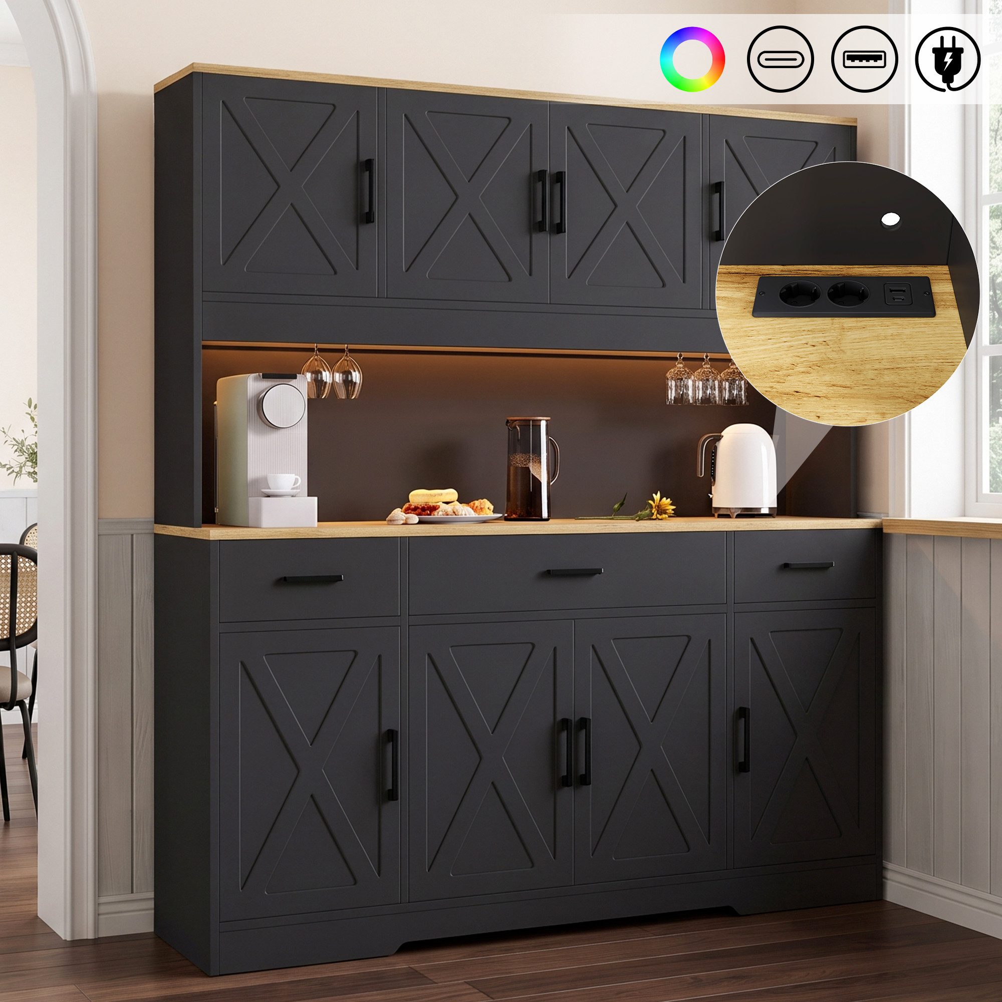 Flieks Küchenbuffet Hochschrank mit Arbeitsplatte Natur, Steckdose, Gläserhalter, LED (B150xT40xH180 cm, 1-St., Multifunktionsschrank mit Lichtstreifen, Ladenfunktion) Mehrzweckschrank Küchenschrank mit verstellbarer Ablagen Schwarz