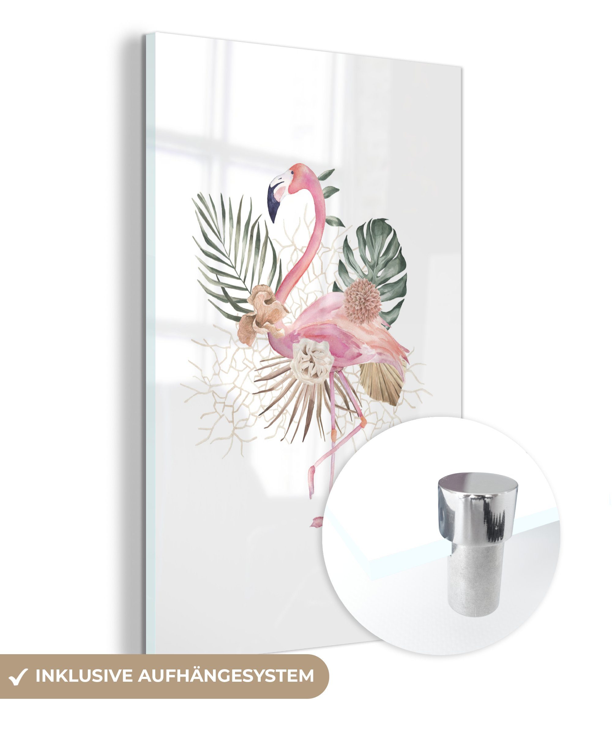 - Acrylglasbild Bilder - Wanddekoration - - (1 auf Glasbilder Glas Blumen, St), MuchoWow Wandbild auf Glas Foto bunt Pflanzen Flamingo -