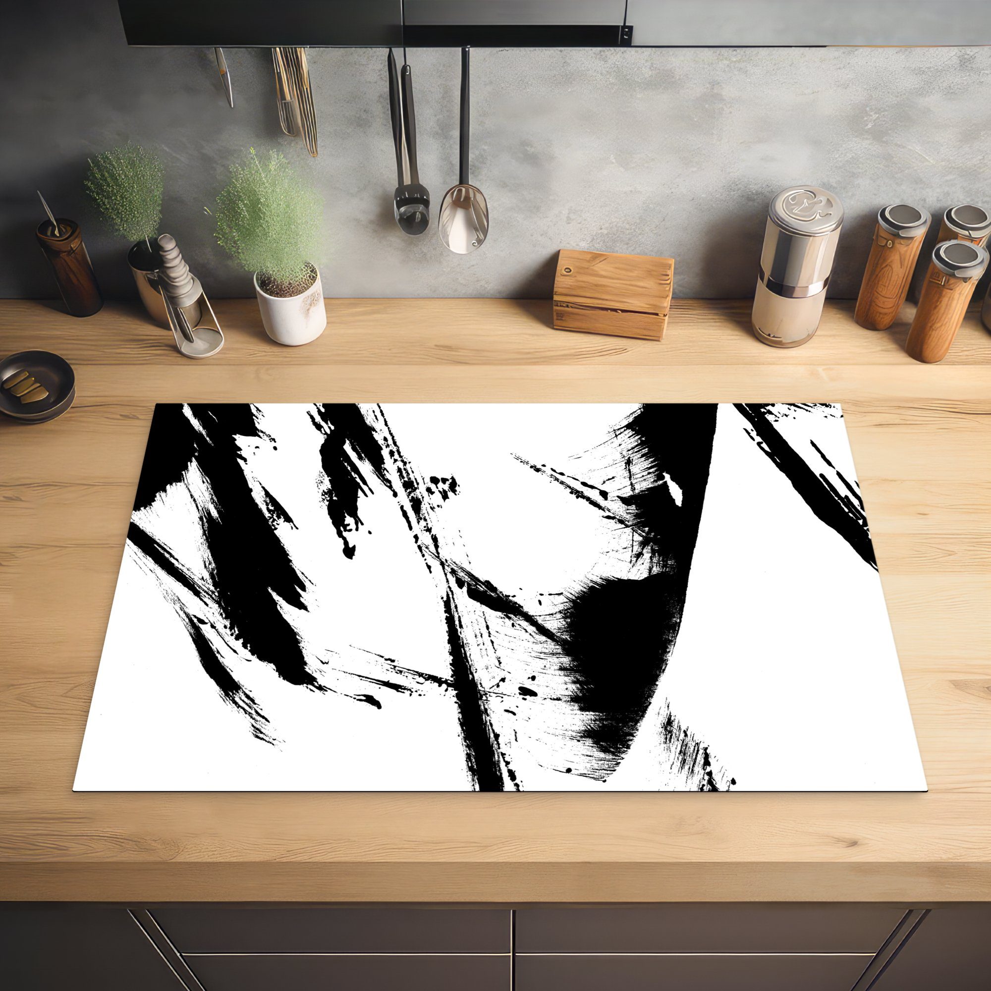 Herdblende-/Abdeckplatte Induktionskochfeld Abstrakt, MuchoWow die - 81x52 cm, Schwarz tlg), für Schutz Farbe küche, Ceranfeldabdeckung Vinyl, - (1