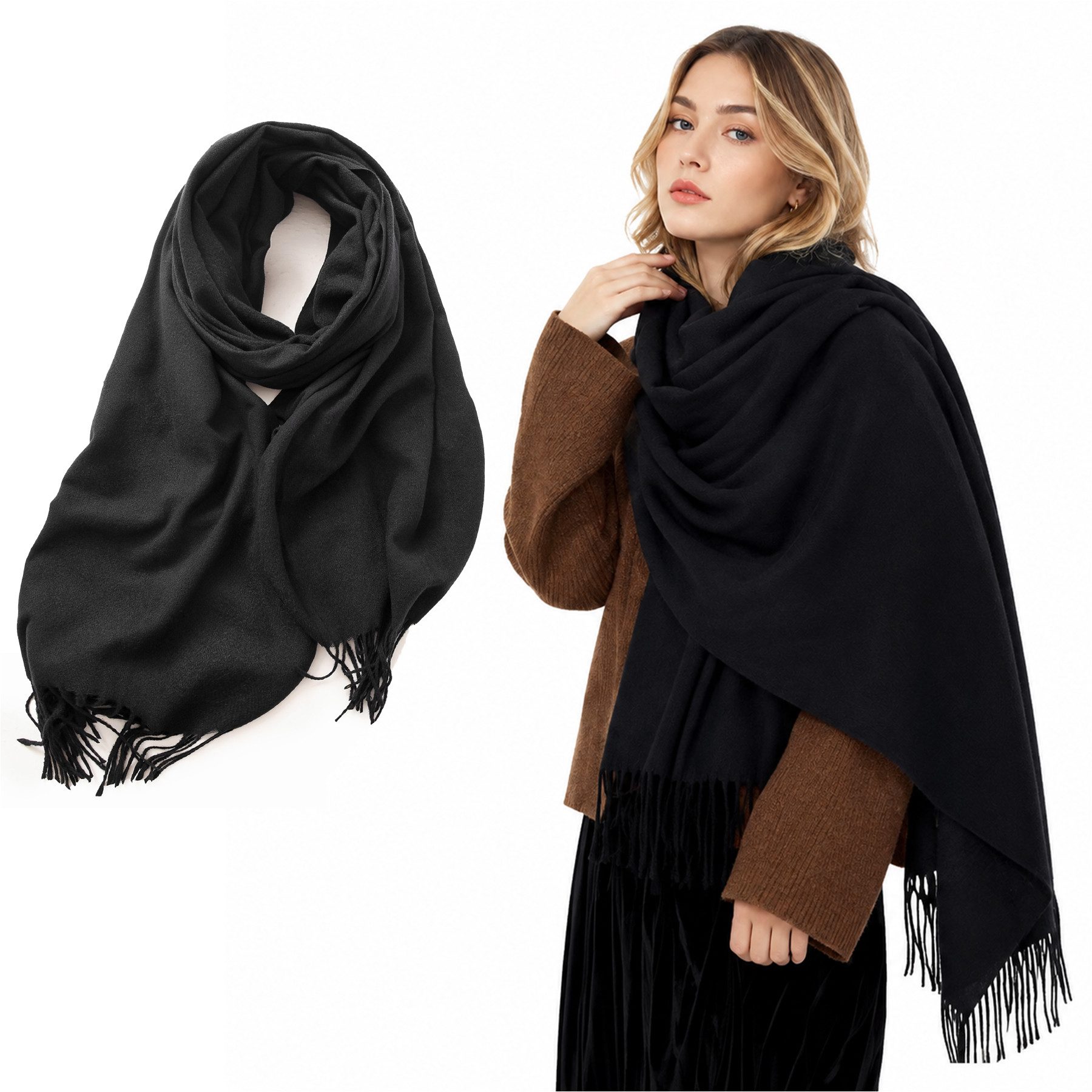 Mutig Wollschal Wollschal Damen 200×70 cm Kaschmir Gefühl Warm, (Weich Oversize Wendbar Mit Fransen weicher Wollschal einfarbig, Damen Großer Winter-Halstuch, warmes Feinstrick-Winterschal), für Herbst Winter Herren und Damen