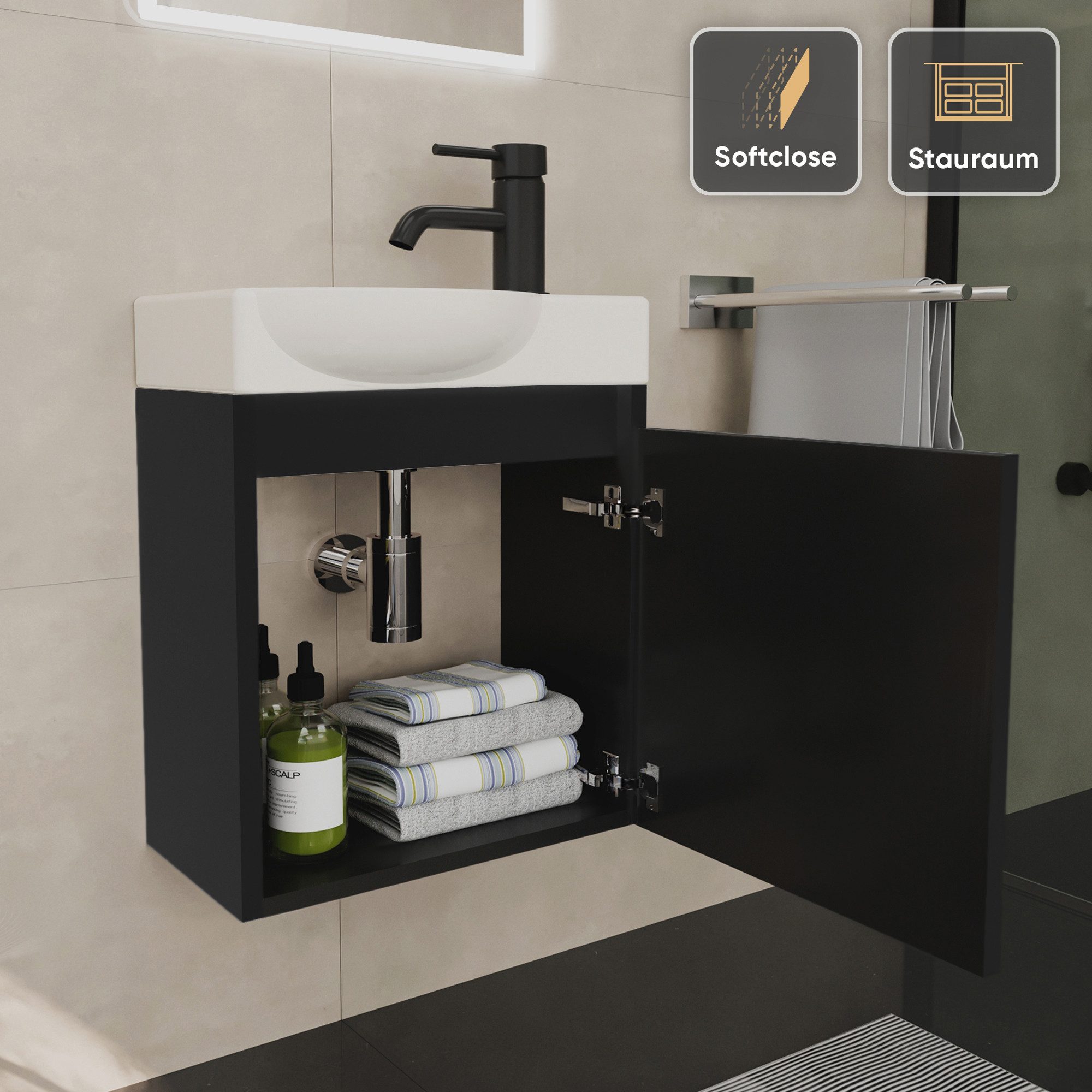 Alpenberger Waschtisch-Set Waschtisch mit Unterschrank hängend 45 cm Gäste WC, Waschbecken mit Unterschrank schwarz & wandhängend – Bild 4 von 5