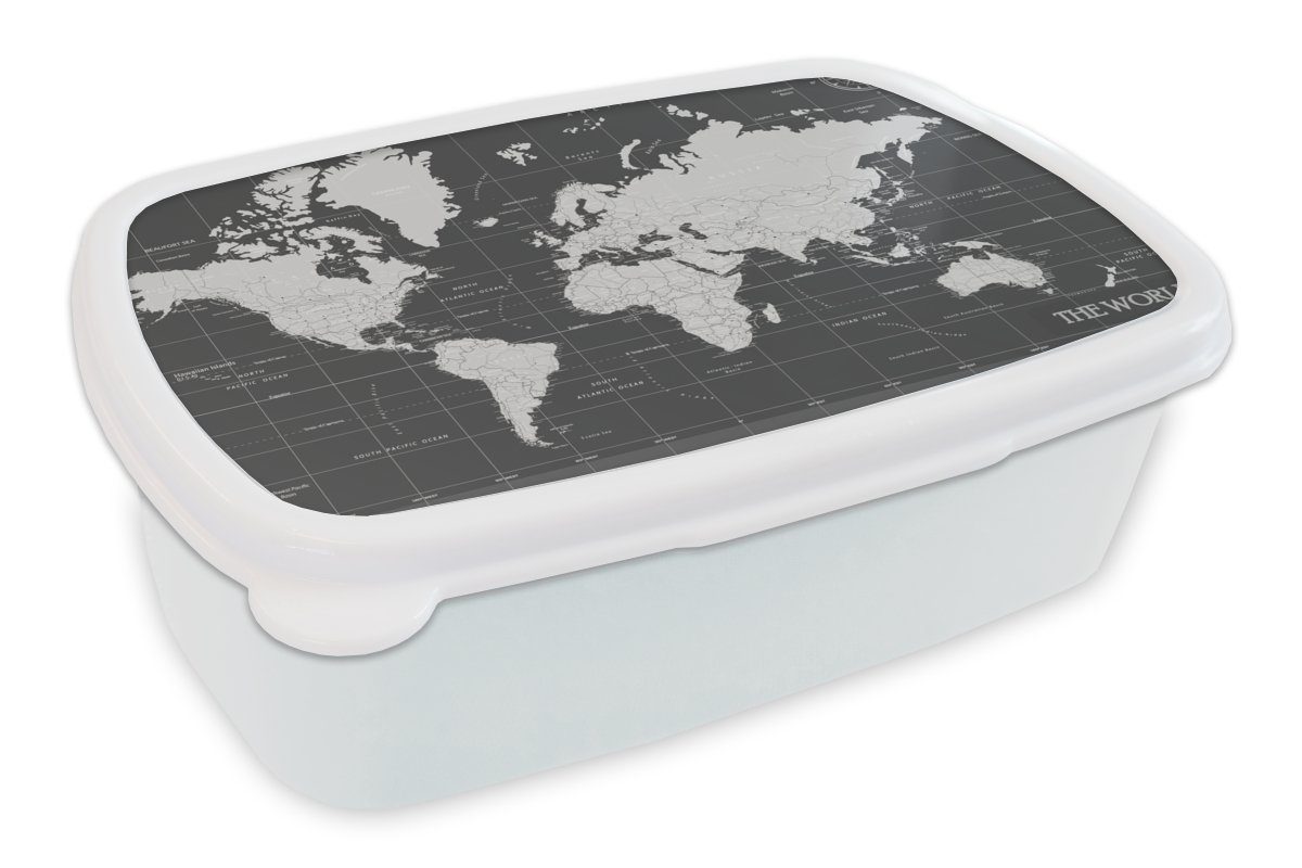 MuchoWow Lunchbox Weltkarte - Schwarz - Weiß - Welt, Kunststoff, (2-tlg), Brotbox für Kinder und Erwachsene, Brotdose, für Jungs und Mädchen