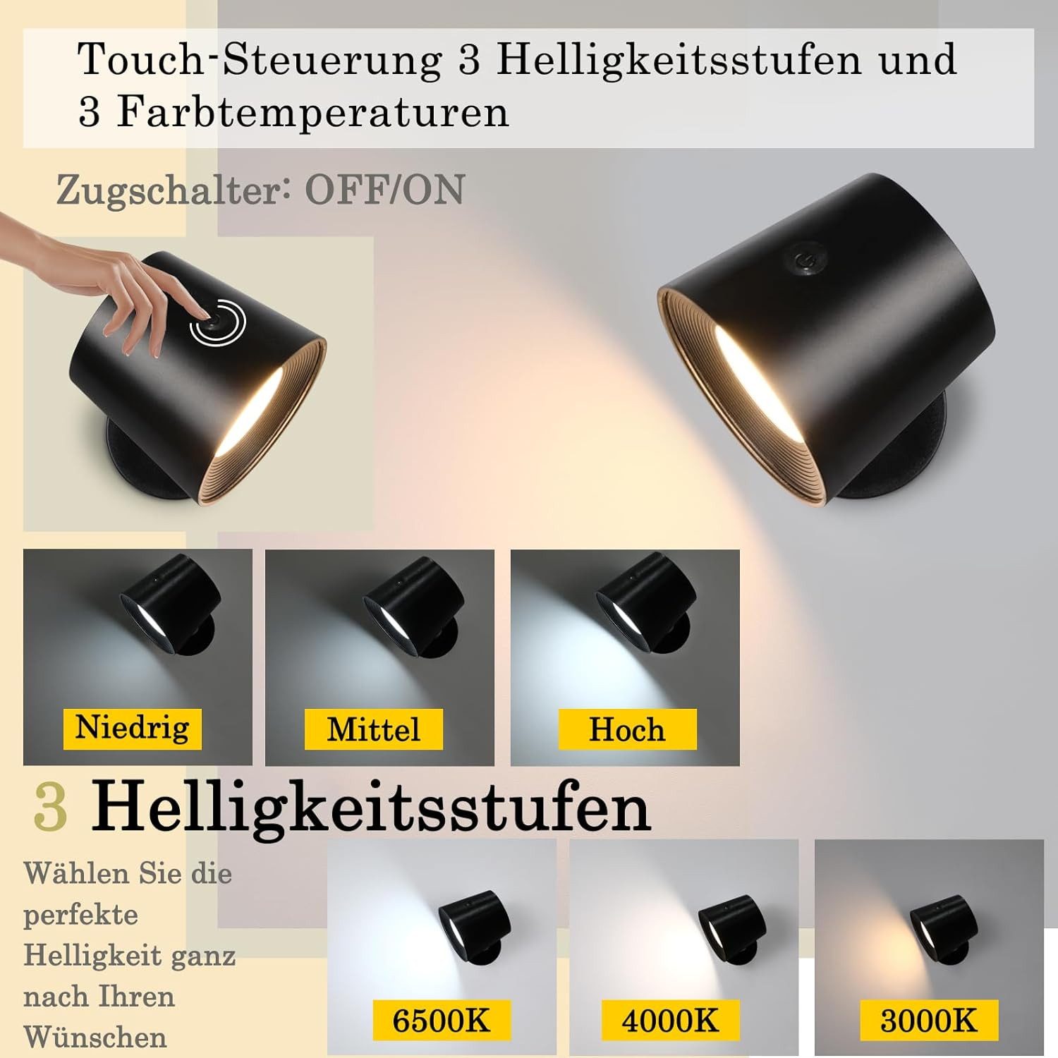 ZMH LED Wandleuchte Wohnzimmer Schwarz Akku 360° Drehbar Touch Control 3 He günstig online kaufen