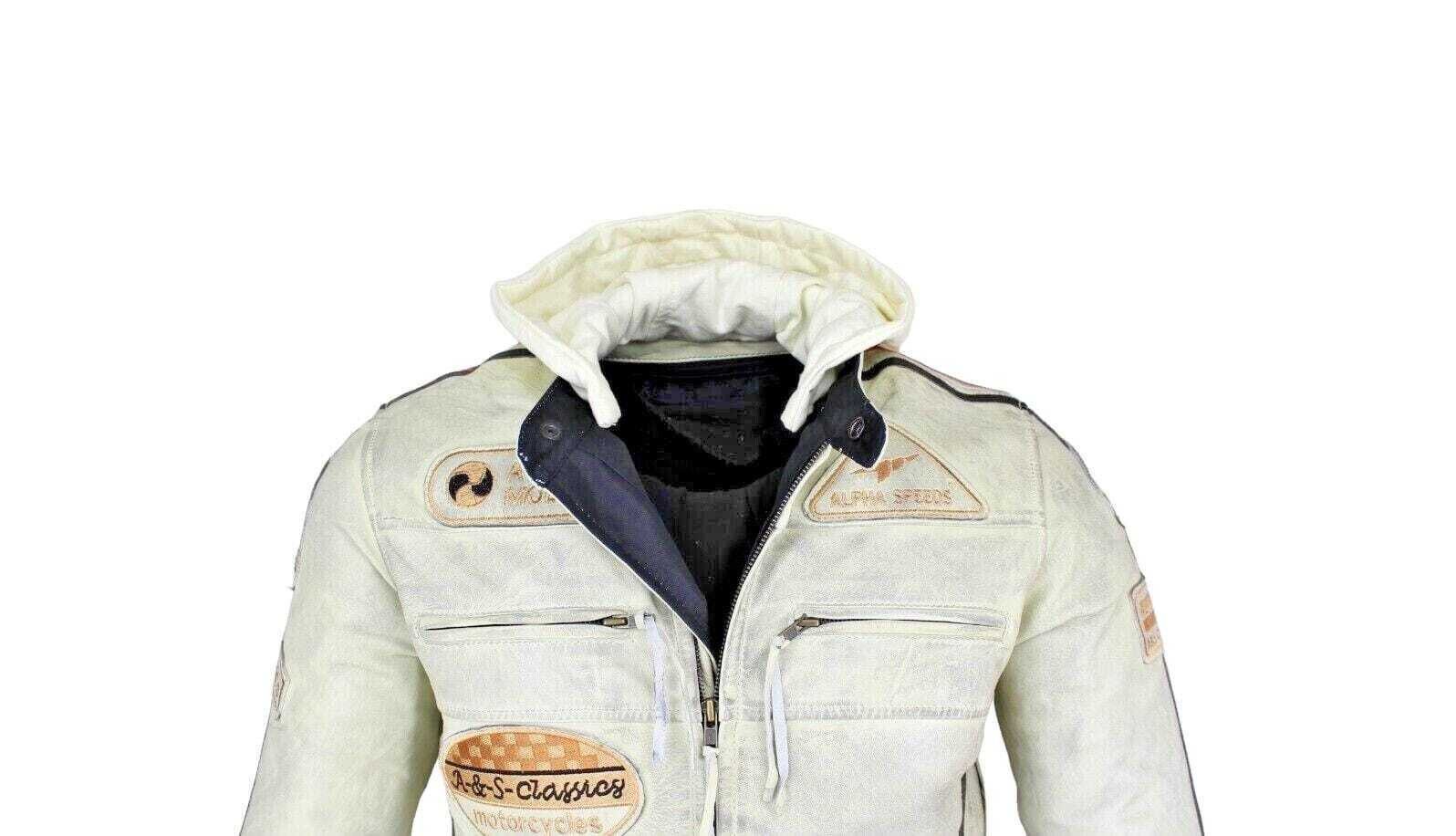 Alpha Speeds Motorradjacke Herren Leder Jacke Biker Freizeit Highway Jacke Weiß (Trennbare Innenjacke + Kapuze) aus weichem Lammleder, mit herausnehmbare Protek – Bild 4 von 5