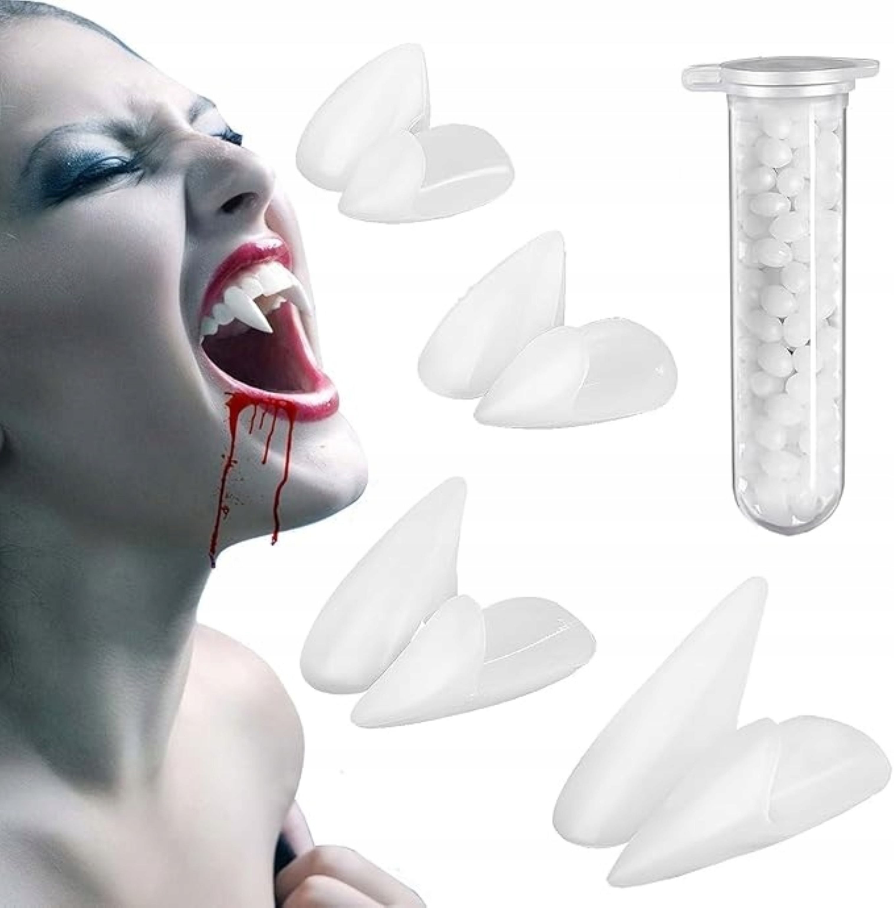 Festivalartikel Vampir-Kostüm Vampirzähne 4 Größen mit 5 g Kleber Halloween Cosplay Vampirgebiss