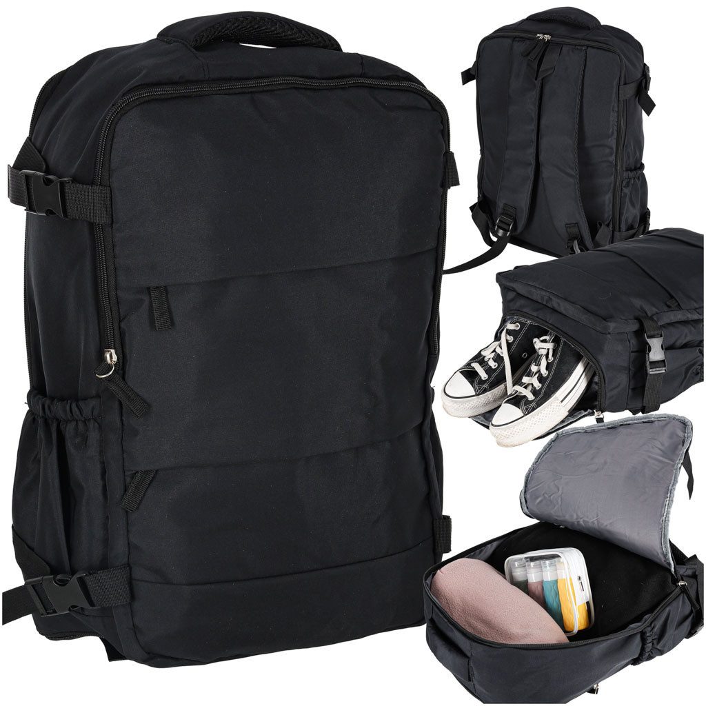 Ikonka Rucksack Reiserucksack Handgepäck Kabinenrucksack (Spar-Set, 1-tlg., 45x30x13 cm erweiterbar), 3 Fächer, 4 Außentaschen, Kompressionsriemen, Schuhfach