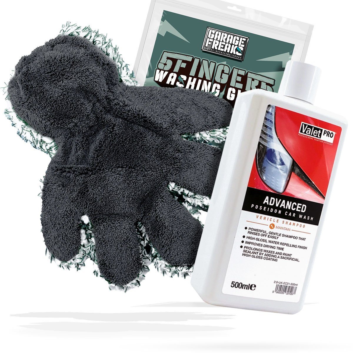 detailmate Garage Freaks 5 Finger Waschhandschuh + Autoshampoo Autoshampoo (Set, [- Frottierhandschuh - Mikrofaser - Auto Reinigung Wasch Set)
