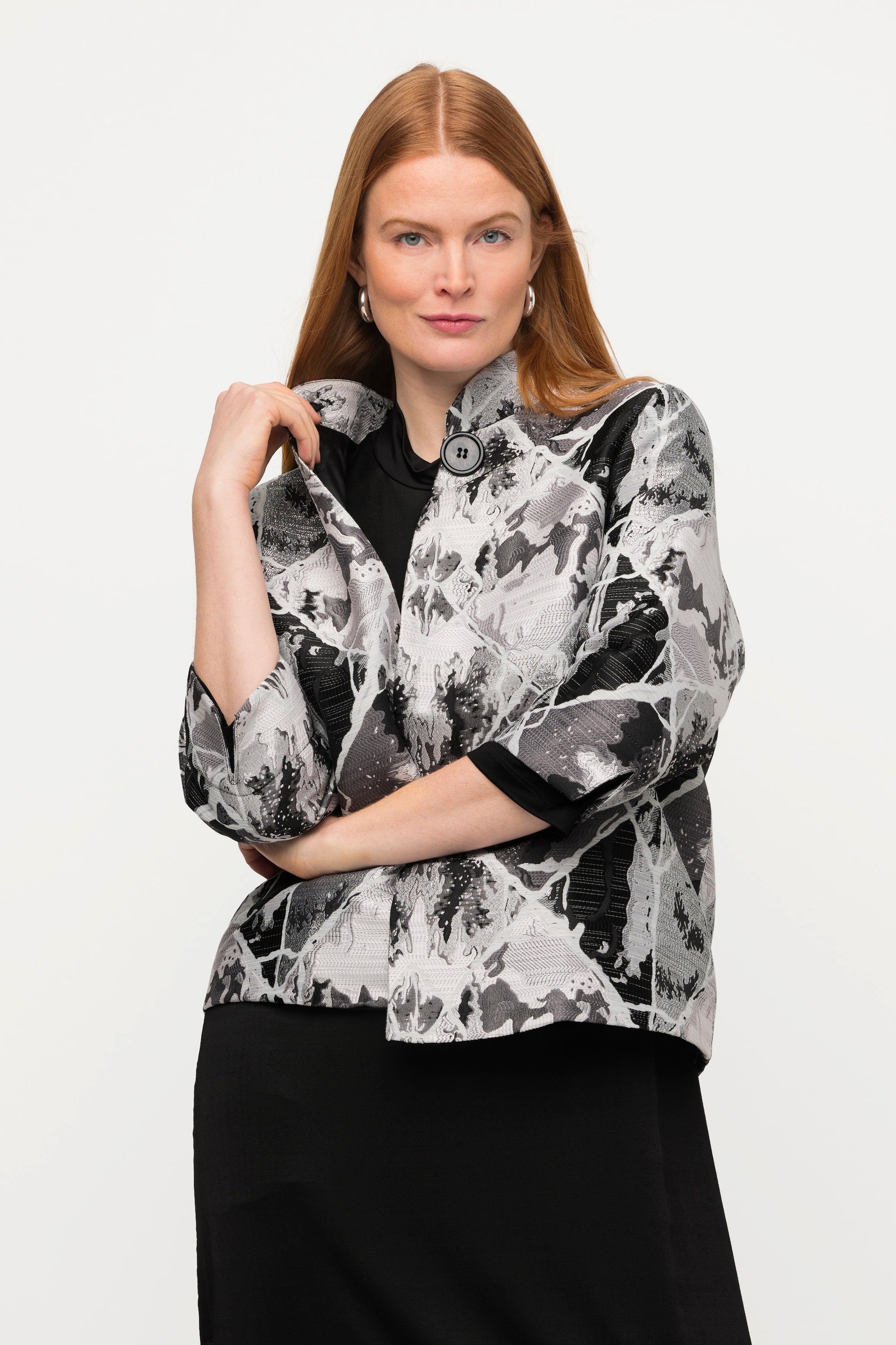 Ulla Popken Blusenblazer Blazer Jacquard-Karo-Design Stehkragen