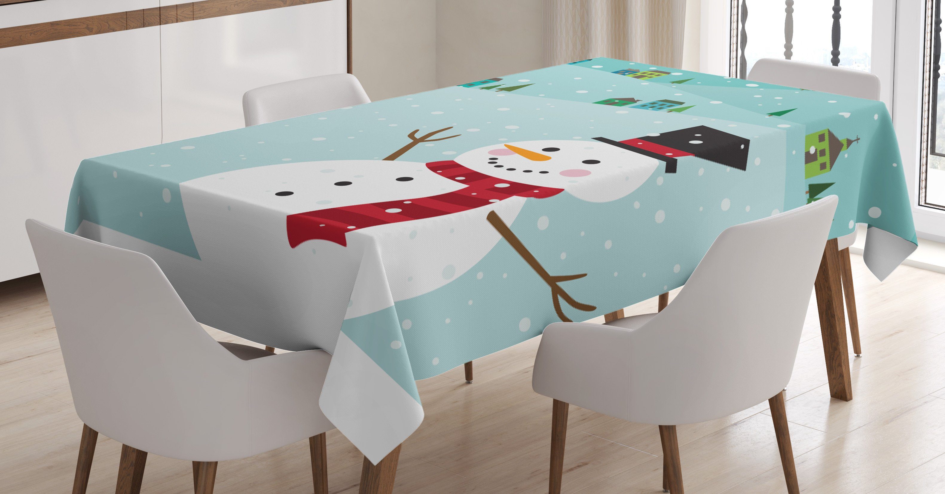 Abakuhaus Tischdecke Für Farbfest den Snowy-Winter-Häuser Klare Waschbar Bereich Schneemann Außen Bäume geeignet Farben