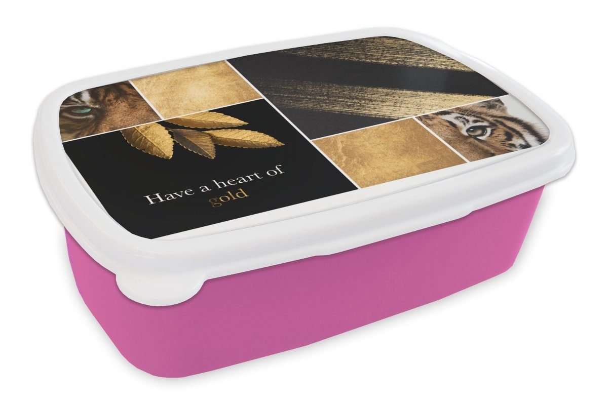 MuchoWow Lunchbox Collage - Tiger - Blattgold, Kunststoff, (2-tlg), Brotbox für Erwachsene, Brotdose Kinder, Snackbox, Mädchen, Kunststoff rosa