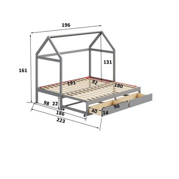 IDEASY Jugendbett Kinderbett, 90/180 x 190 cm, ausziehbar, mit 2 Schubladen, (Matratze, Tagesdecke und Kissen nicht im Lieferumfang enthalten), Dachdesign, weiß/grau, 22 cm über dem Boden