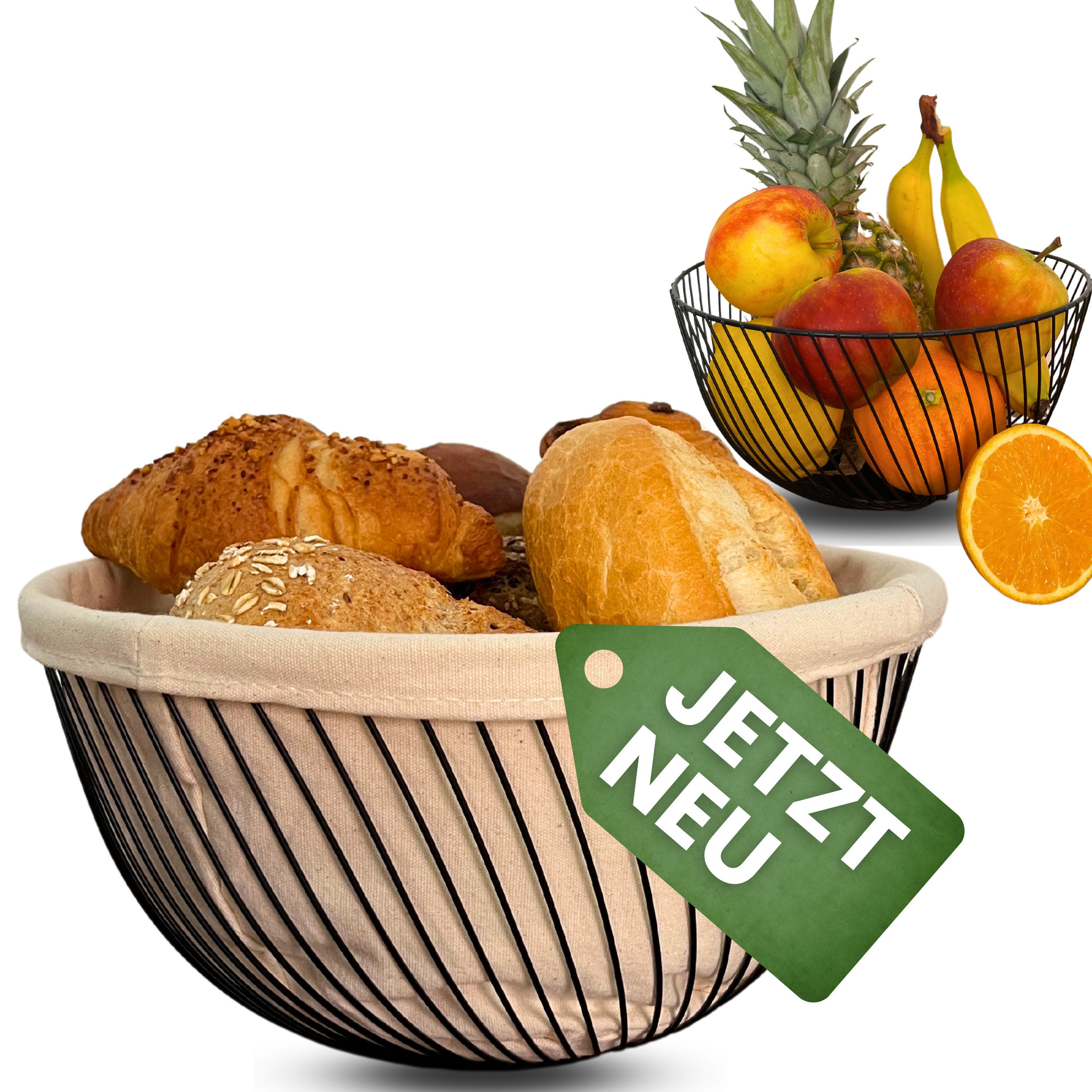 Obstschale 2 in 1 Brotkorb Metall - mit Einlage aus 100% Baumwolle