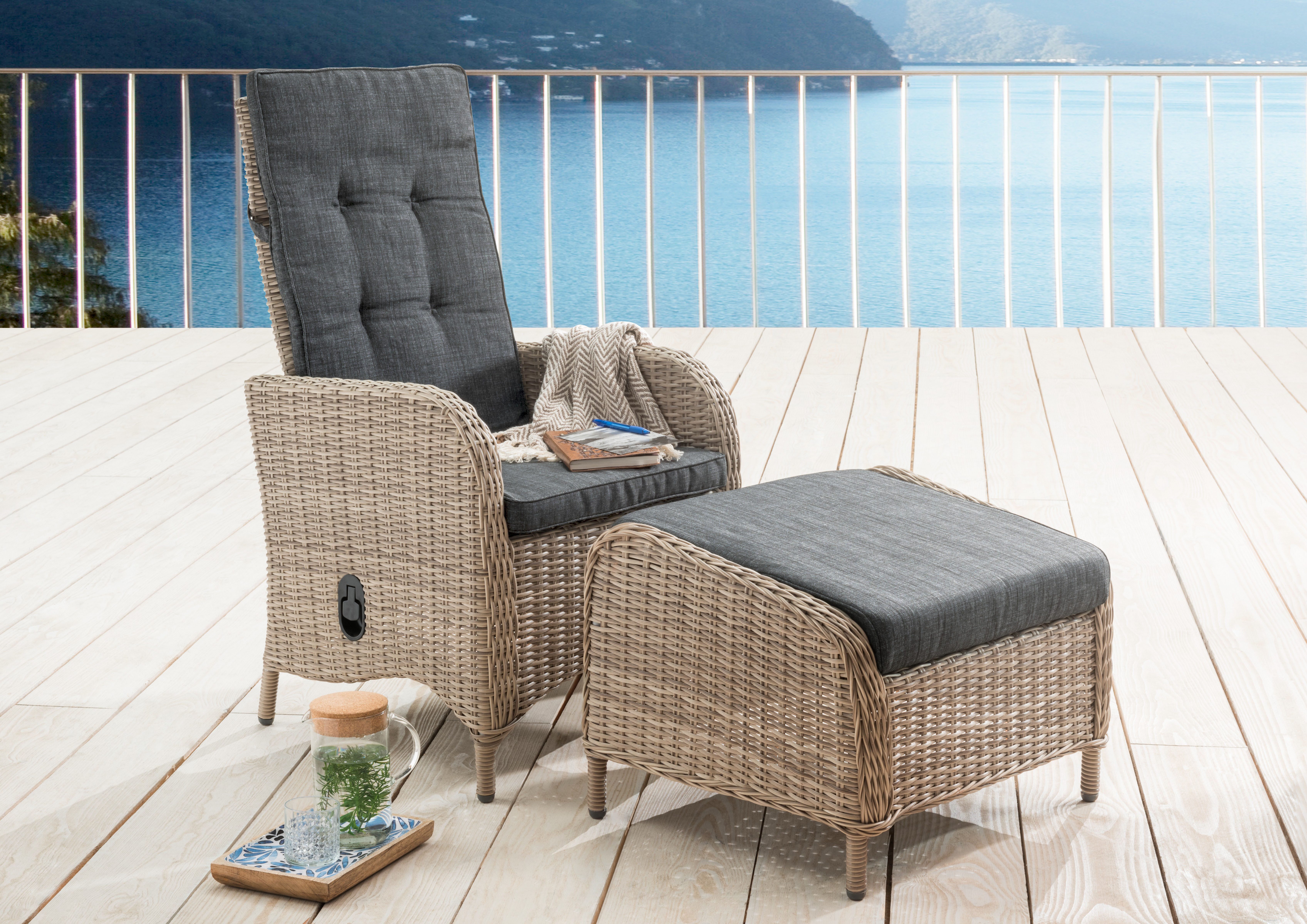 Destiny Gartensessel PALMA CASA (Set, 2-St), Hochlehner und Fußhocker, natur meliert, Rückenlehne verstellbar