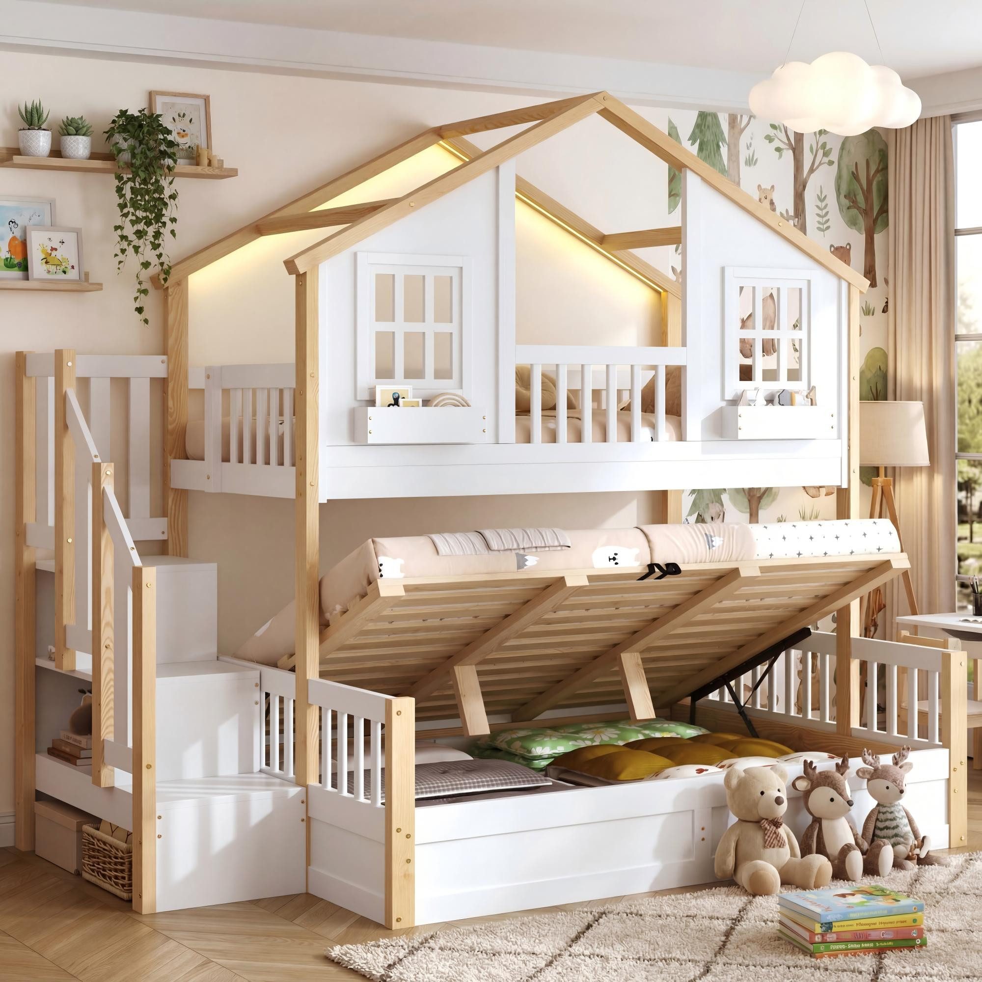 REDOM Etagenbett Mit hydraulischem Unterbett, LED & Stauraumtreppe (Packung, 1-St., 90x200+140x200 cm, Weiß/Natur, Massivholz), Hausbett in Fenster-Form, Hochbett für Kinder(ohne Matratze)