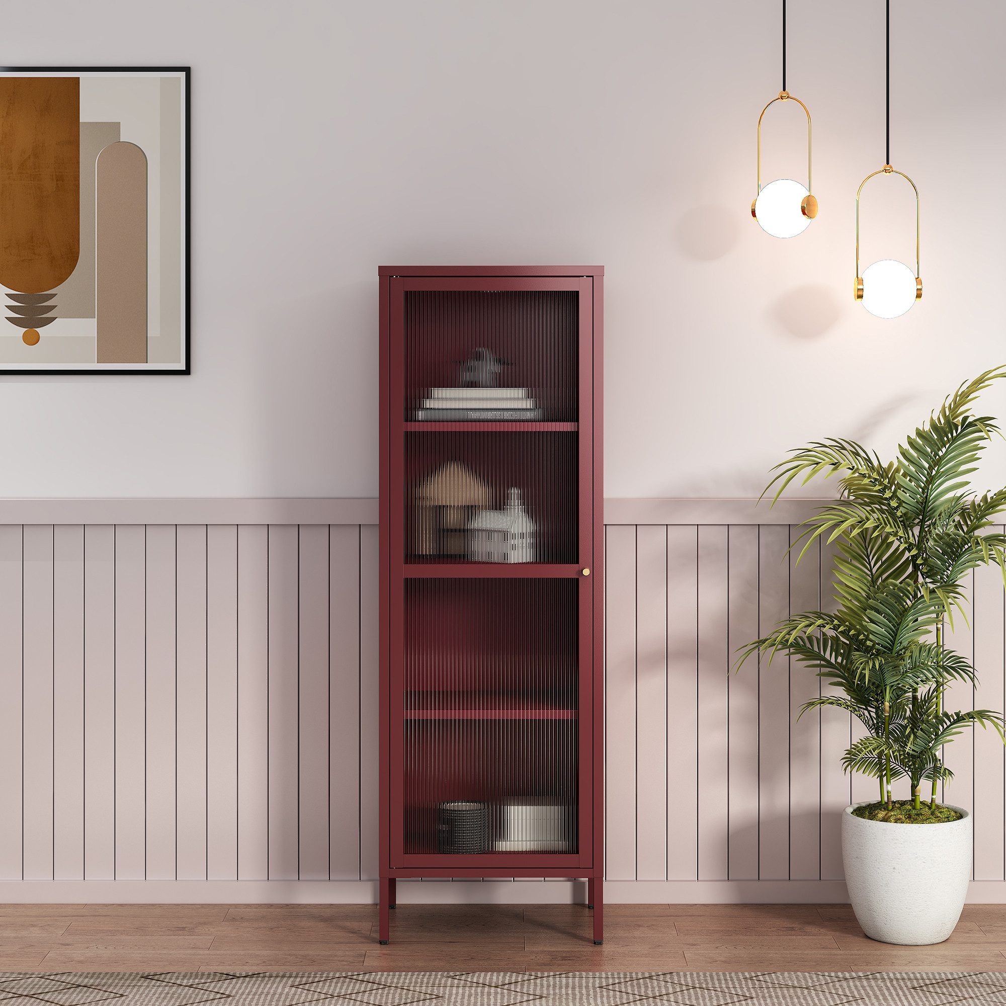 en.casa Vitrine »Säkylä« mit 1 Tür Stahl 150 x 50 x 35 cm Bordeauxrot