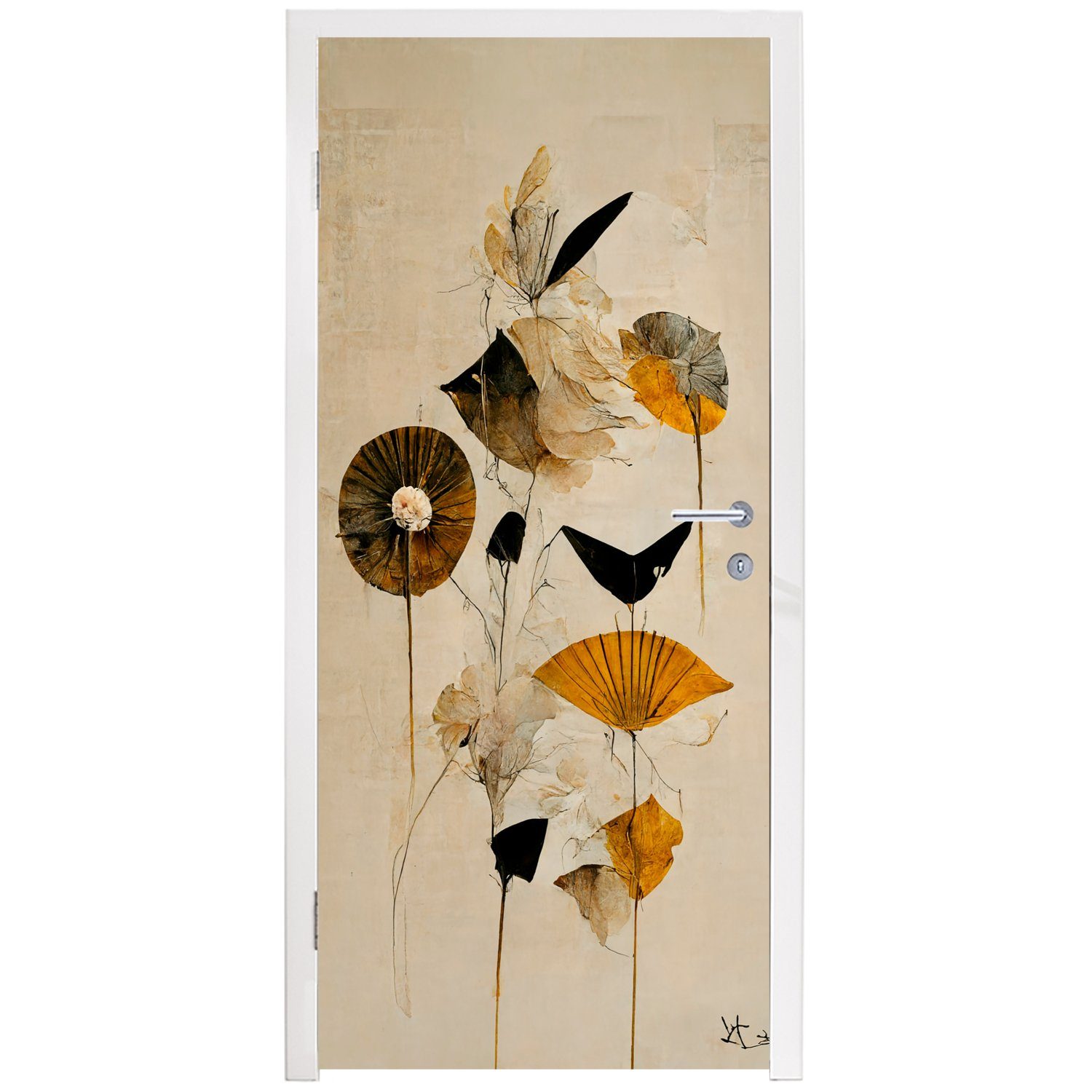 - Türtapete Fototapete - Türaufkleber, für MuchoWow St), Pflanzen Tür, 75x205 Gold, bedruckt, cm Vintage (1 Blumen - Matt,