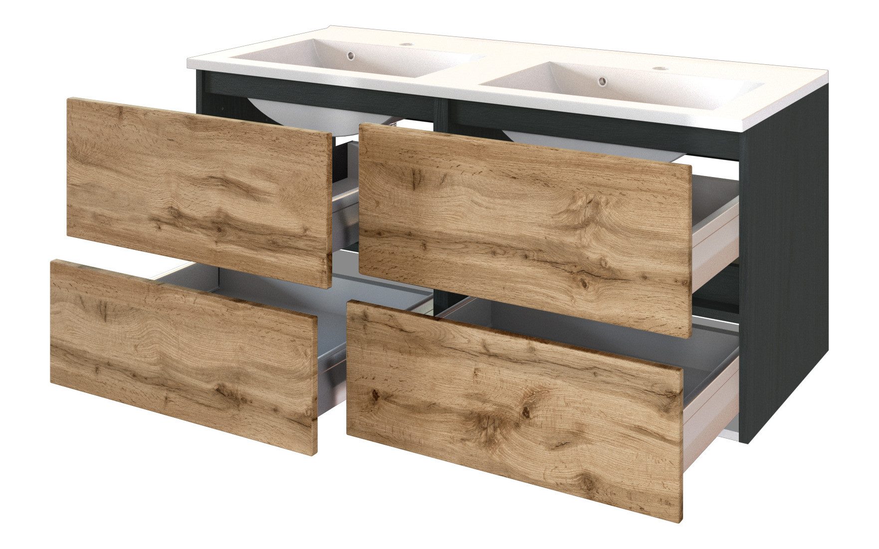Basera® Waschtisch Lorena 120 cm breit, XXL, Doppelwaschtisch, Korpus: anthrazit, Front: Wotaneiche, mit Waschbecken, Badezimmer...