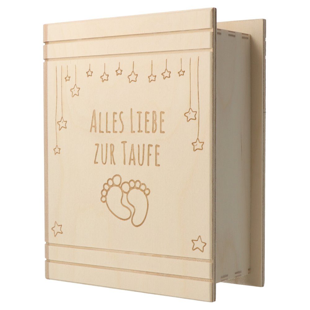 Spruchreif® Spardose Spardose Buch Holz mit Gravur zur Taufe · Motiv Babyfüße ·Taufgeschenk, (1-tlg)