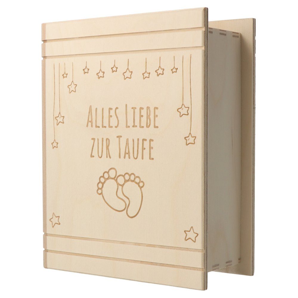 Spruchreif® Spardose Spardose Buch Holz mit Gravur zur Taufe · Motiv Babyfü günstig online kaufen