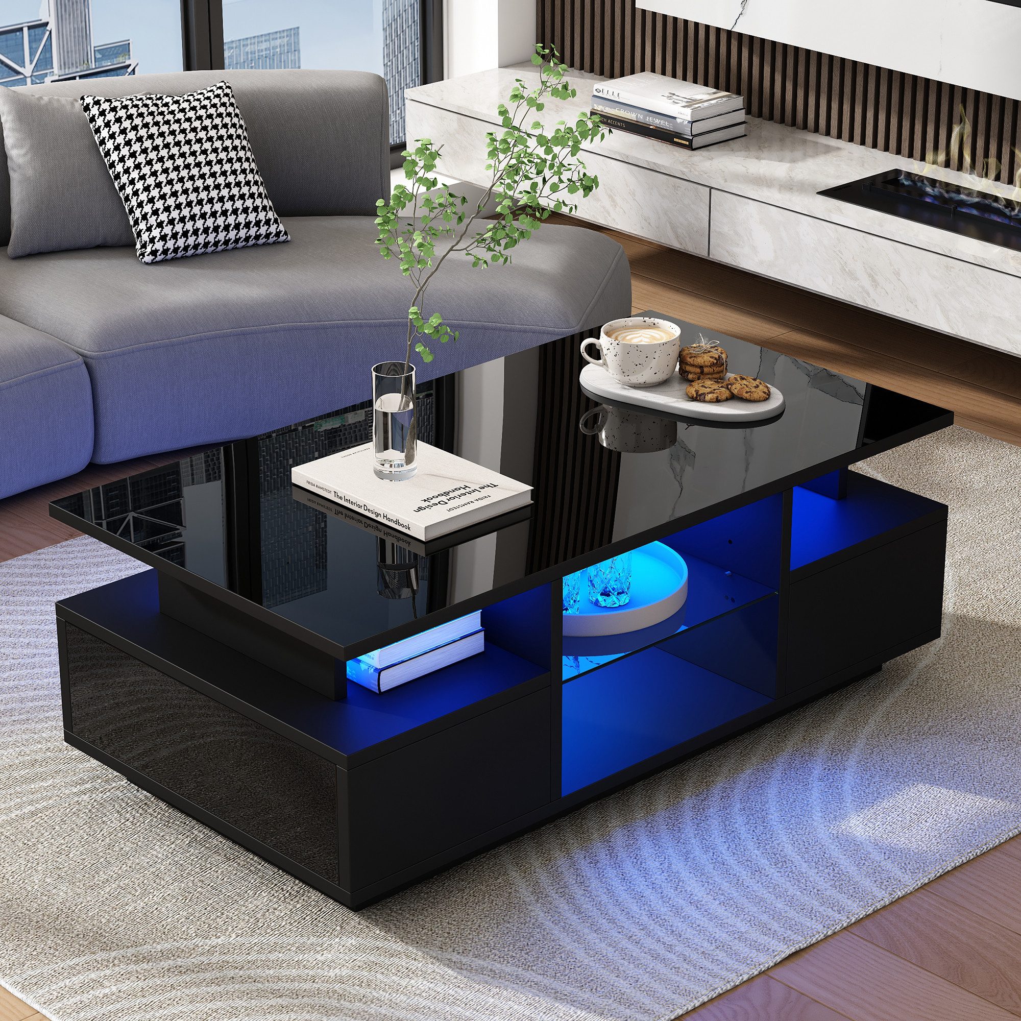 REDOM Couchtisch mit LED-Beleuchtung & transparenten Glasablagen (Packung, 1-St., Elegant als Tee-, Kaffee- oder Wohnzimmertisch einsetzbar), 100x50x36 cm in Schwarz, mit 2 Schubladen & offenem Stauraum