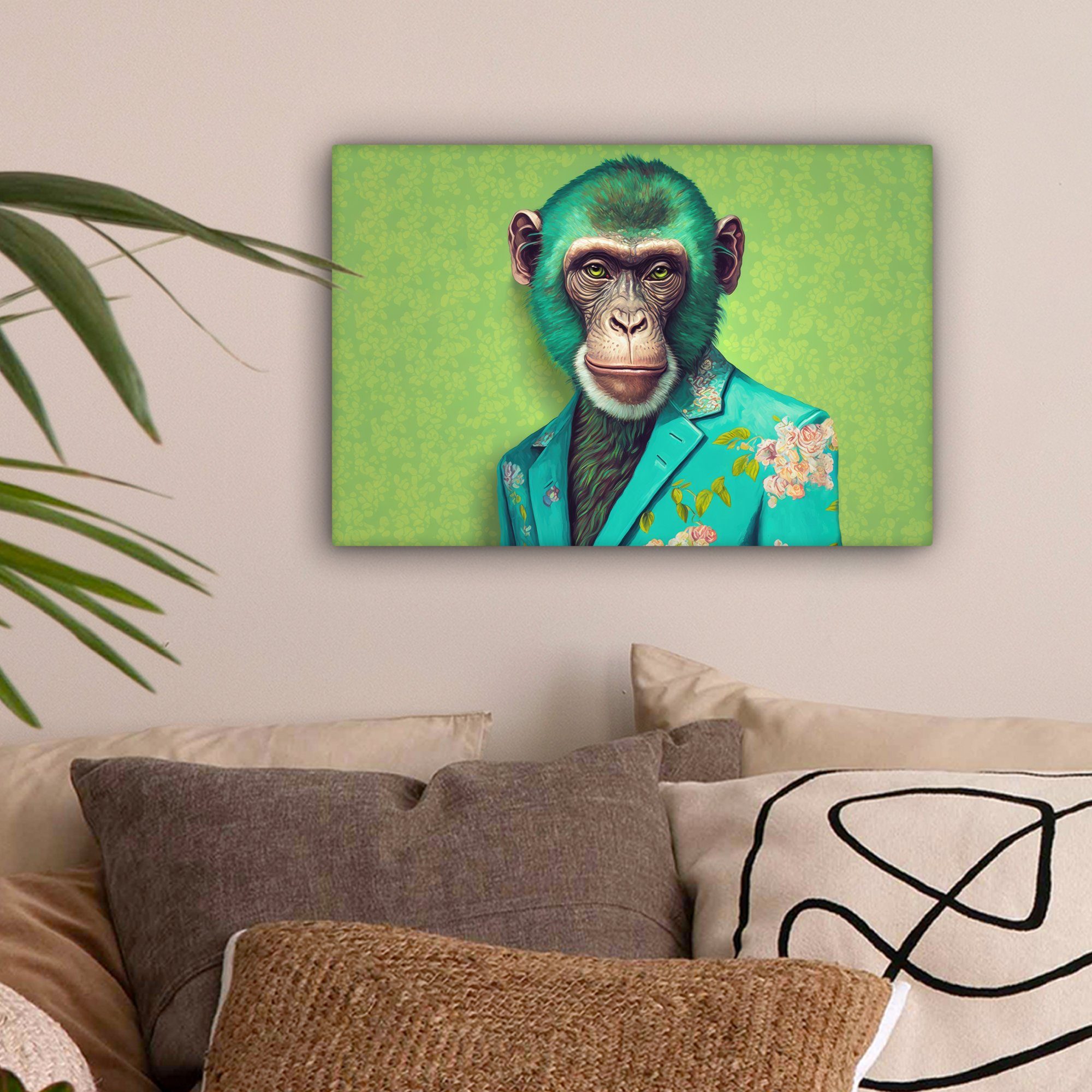 OneMillionCanvasses® Leinwandbild Affe - Colbert - Blumen - Neon - Porträt, günstig online kaufen