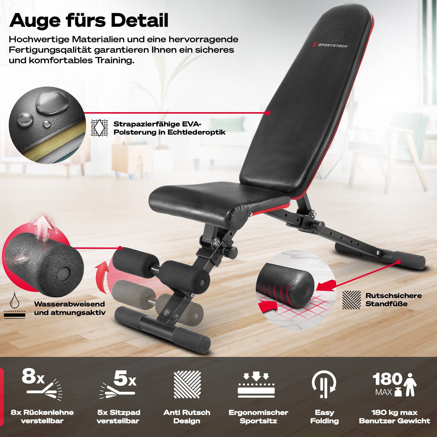 Sportstech Hantelbank BRT400, Klappbar, 40+ Trainingskombis, Vollmontiert