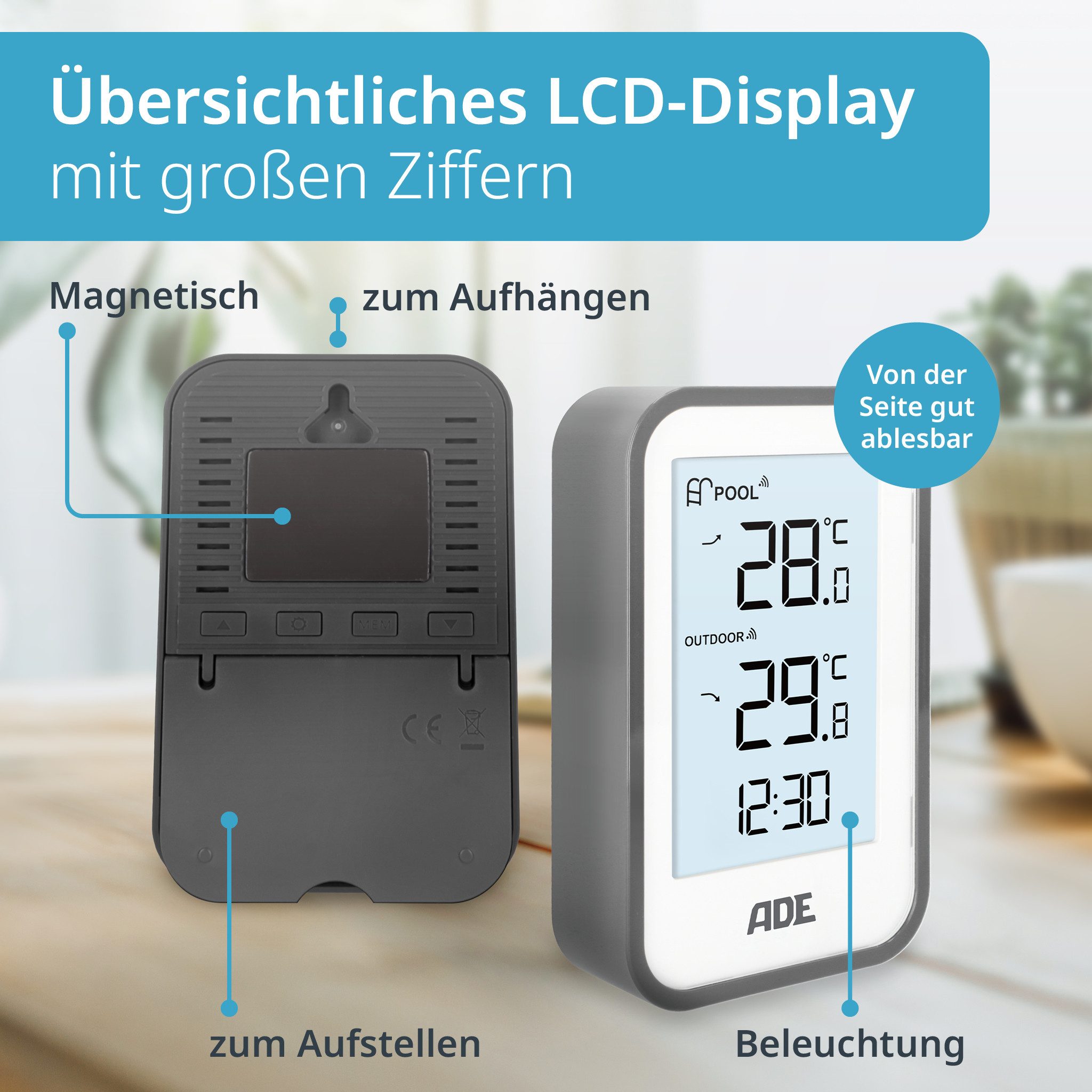 ADE Badethermometer Poolthermometer Funk mit Außensensor, wasserdicht nach IP67, -40 - 60° C, +/- 1° C präzise, 60 m Reichweite