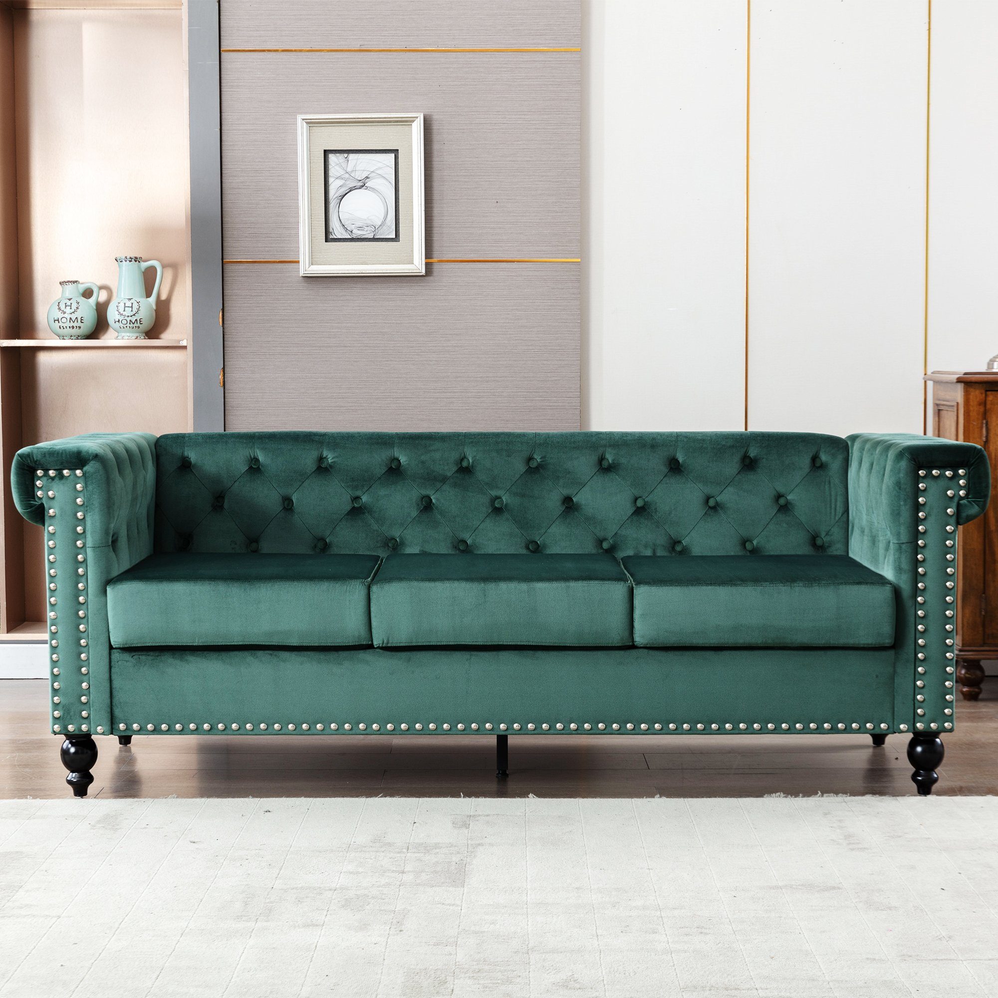 3-Sitzer, mit edler Knopfheftung und typischen Armlehnen, Sofa in Chesterfield-Optik, mit Federkern und Holzfüße, Bezug aus Samt