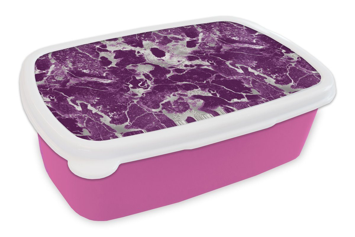 Brotbox Snackbox, (2-tlg), MuchoWow - Lila - Brotdose Kunststoff Lunchbox Kinder, Glitter Erwachsene, Mädchen, Marmor rosa für Muster, Kunststoff, -