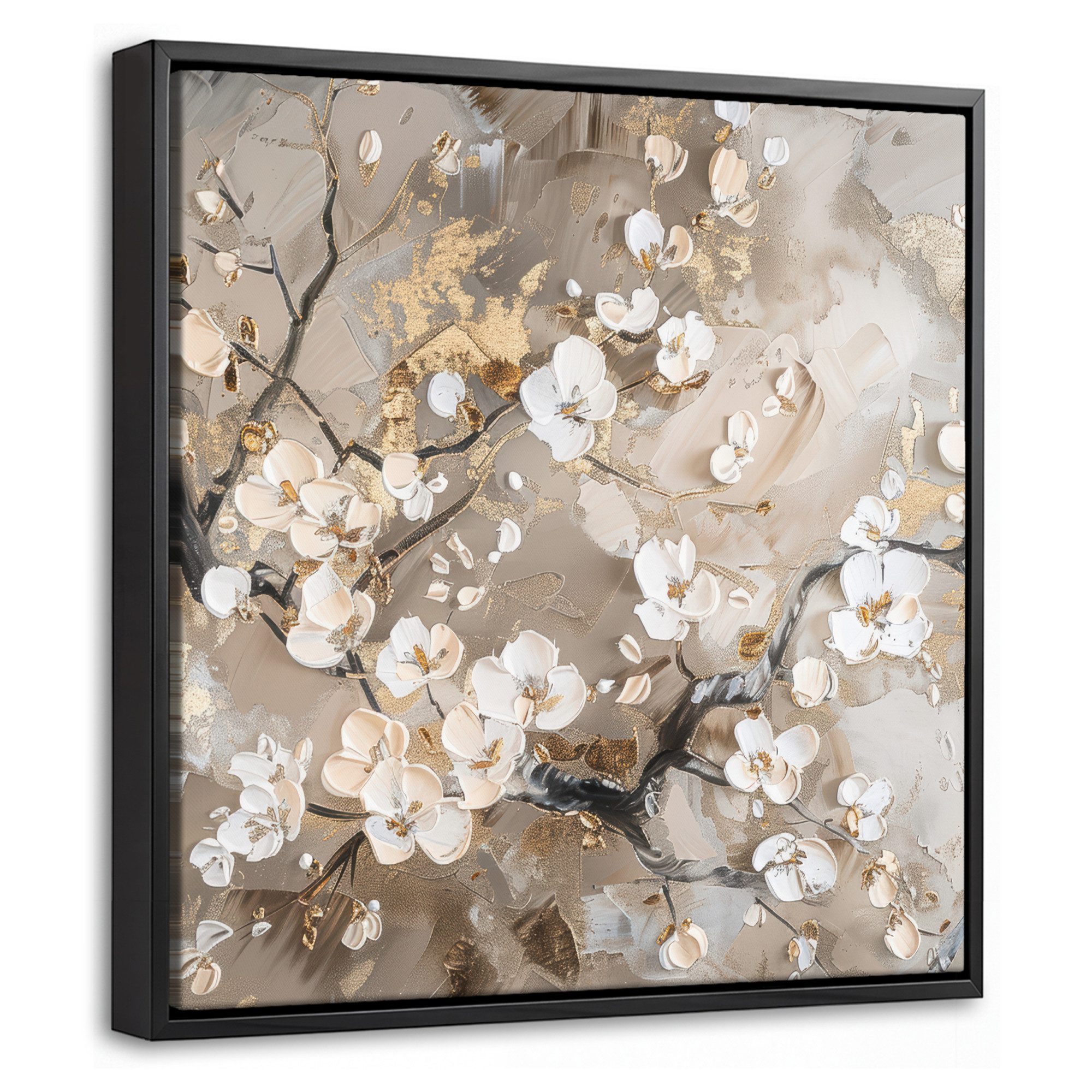 OneMillionCanvasses® Leinwandbild mit Rahmen - Blumen - Weiß - Gold - Beige - Luxus, Fotodruck (1 St), Leinwand Bilder Klein, Wand Dekoration Aesthetic 20x20cm