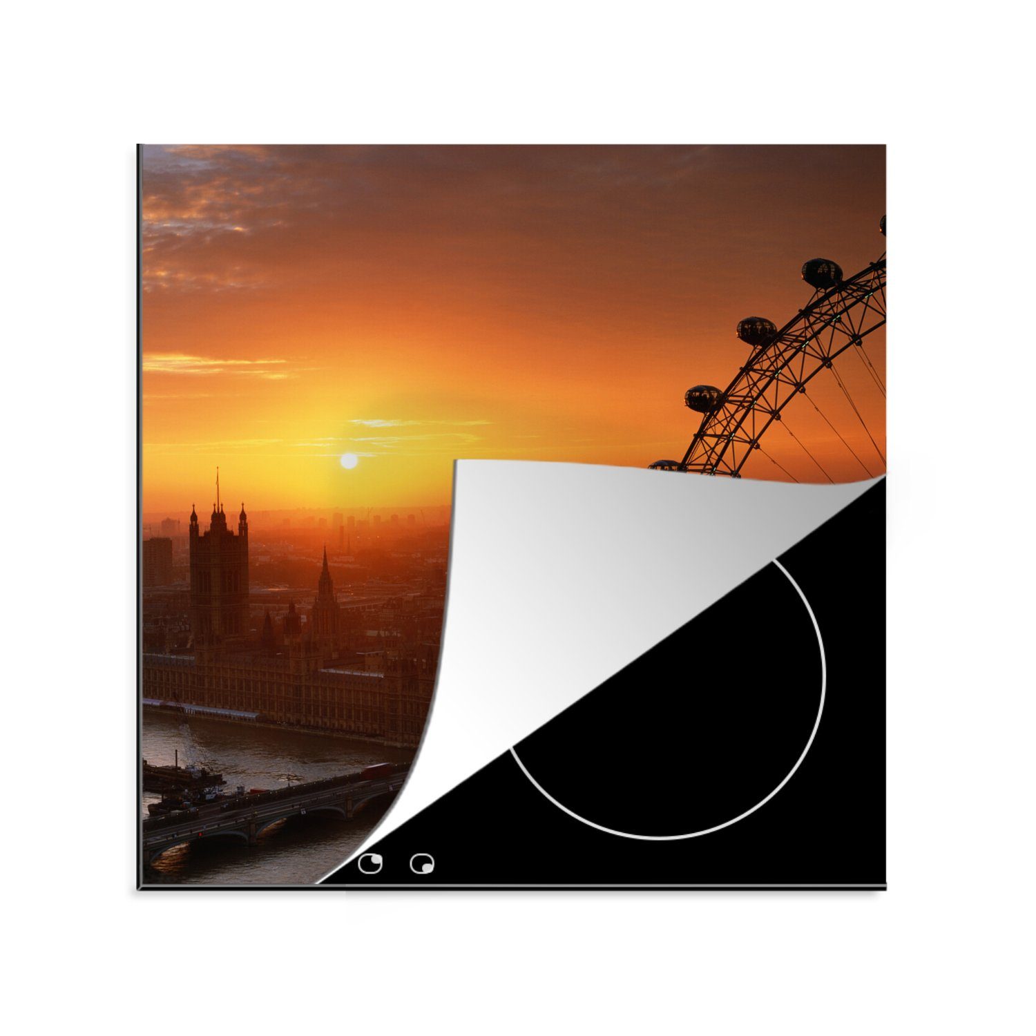 MuchoWow Herdblende-/Abdeckplatte London - Sonnenuntergang - London Eye - Riesenrad, Vinyl, (1 tlg), 78x78 cm, Ceranfeldabdeckung, Arbeitsplatte für küche