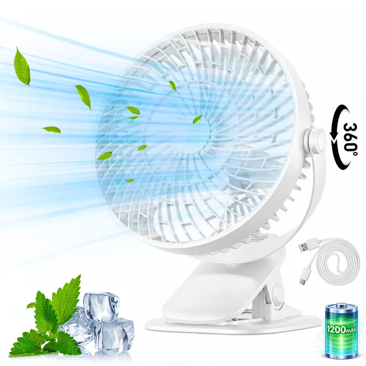 MOPUEA Standventilator 3in1 360° Drehbar Klemm-Ventilator Luftzirkulationsventilator 1200mAh, USB Tischventilator Luftzirkulation Leise USB Aufladbar 3 Windstufen