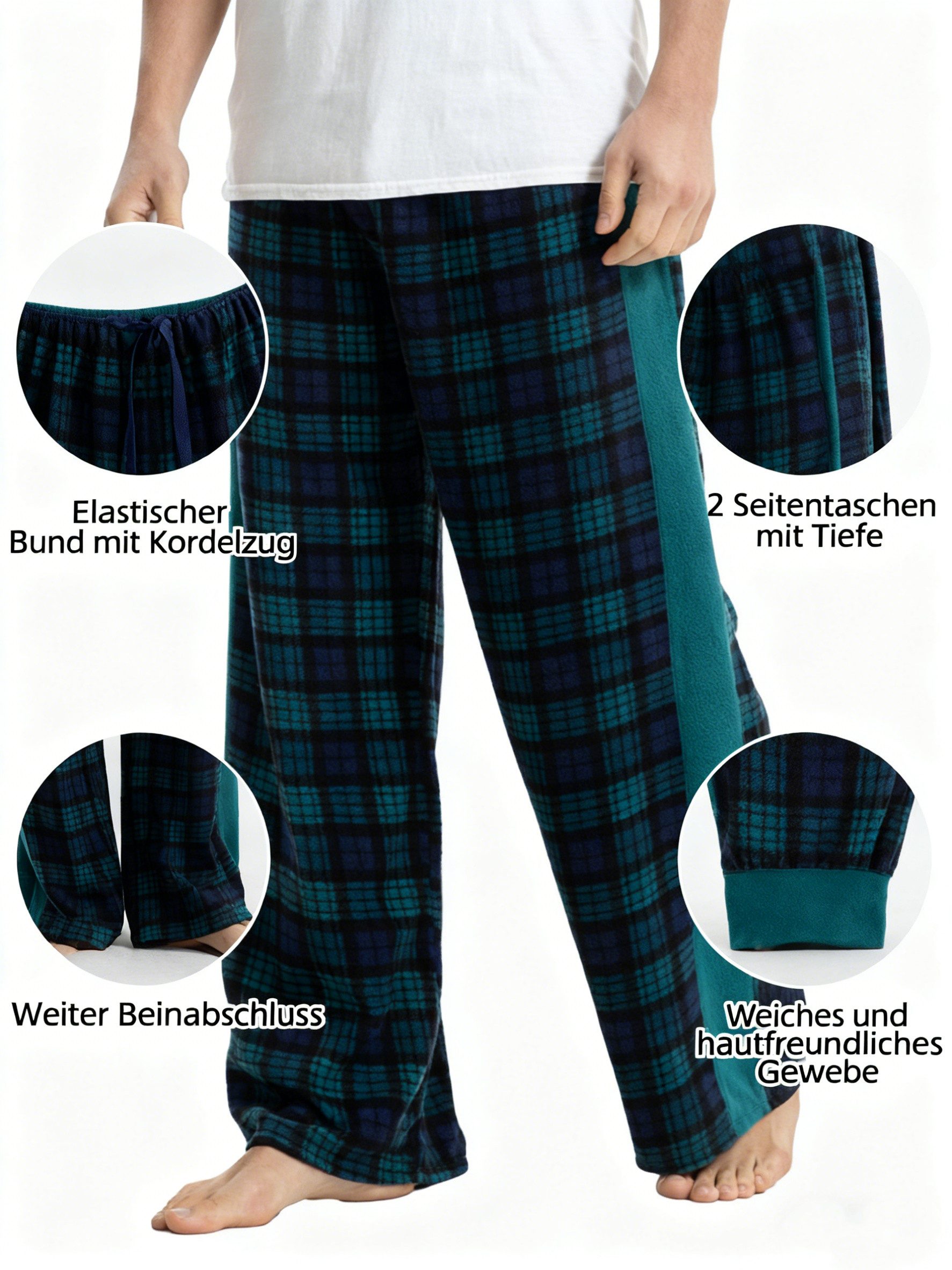TIESTRA Schlafhose 2er-Pack Herren-Schlafanzughosen Leichte lange Hosen mit Tasche und Kordelzug – Bild 4 von 5