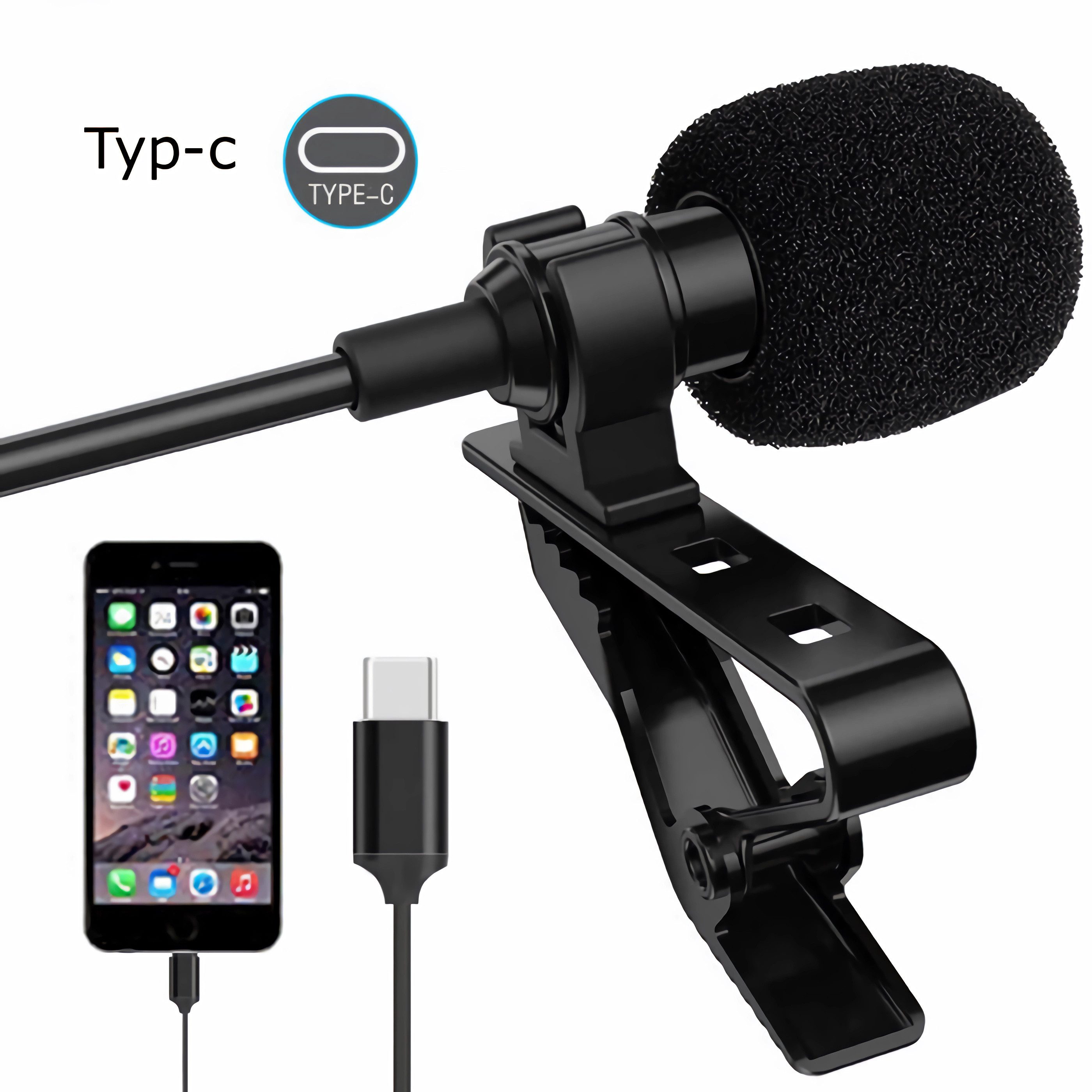 Bolwins Mikrofon N33C USB-C Lavalier Mikrofon Omnidirektional Typ-C MIC mit 1,5m Kabel (Packung, 1-tlg), Plug & Play, omnidirektional, Metallclip