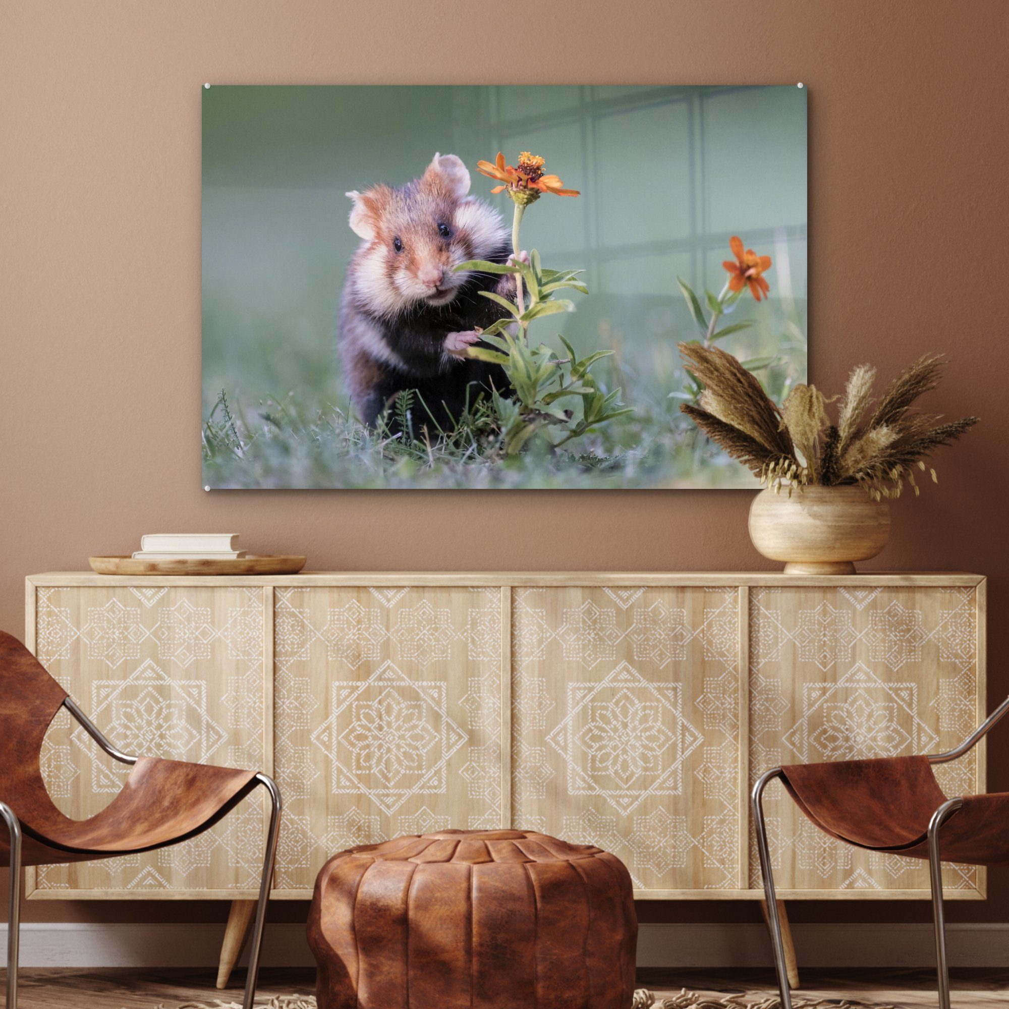 Schlafzimmer sich Blume, Wohnzimmer Acrylglasbild (1 & St), versteckt Acrylglasbilder einer hinter MuchoWow Hamster