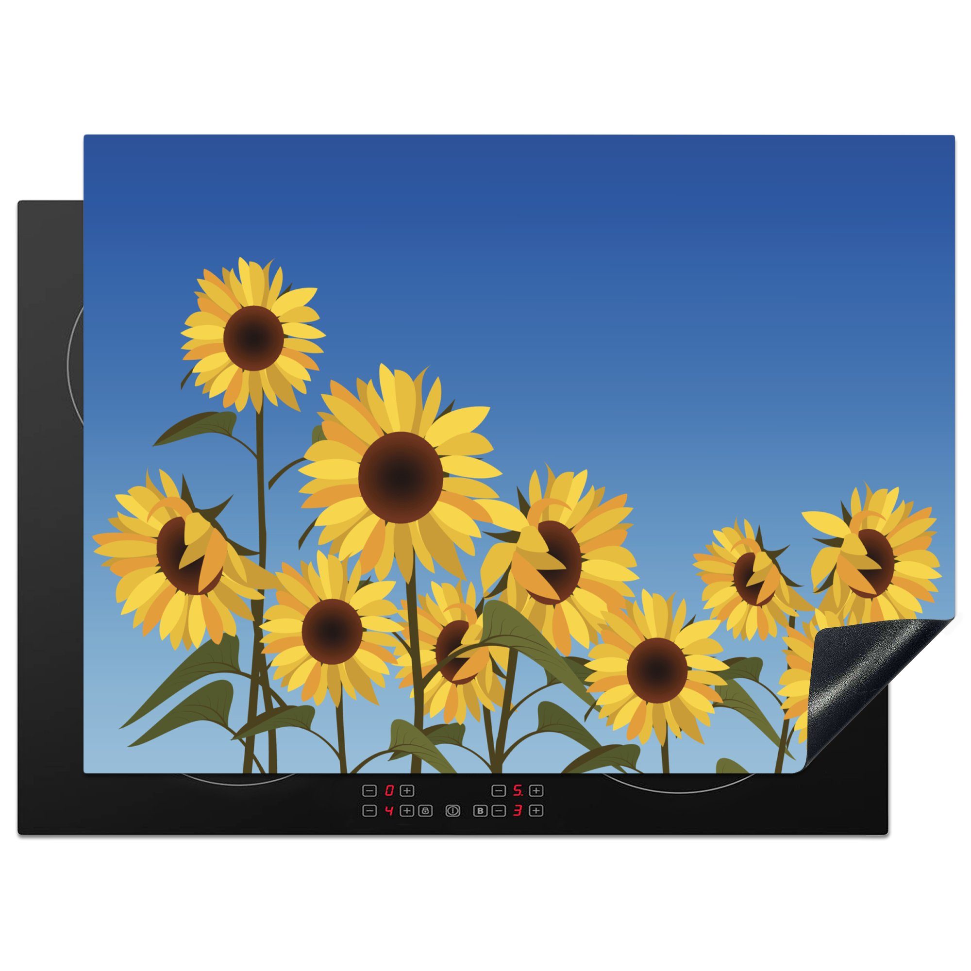 MuchoWow Herdblende-/Abdeckplatte Sonnenblumen - Himmel - Illustration, Vinyl, (1 tlg), 70x52 cm, Mobile Arbeitsfläche nutzbar, Ceranfeldabdeckung | Herdabdeckplatten