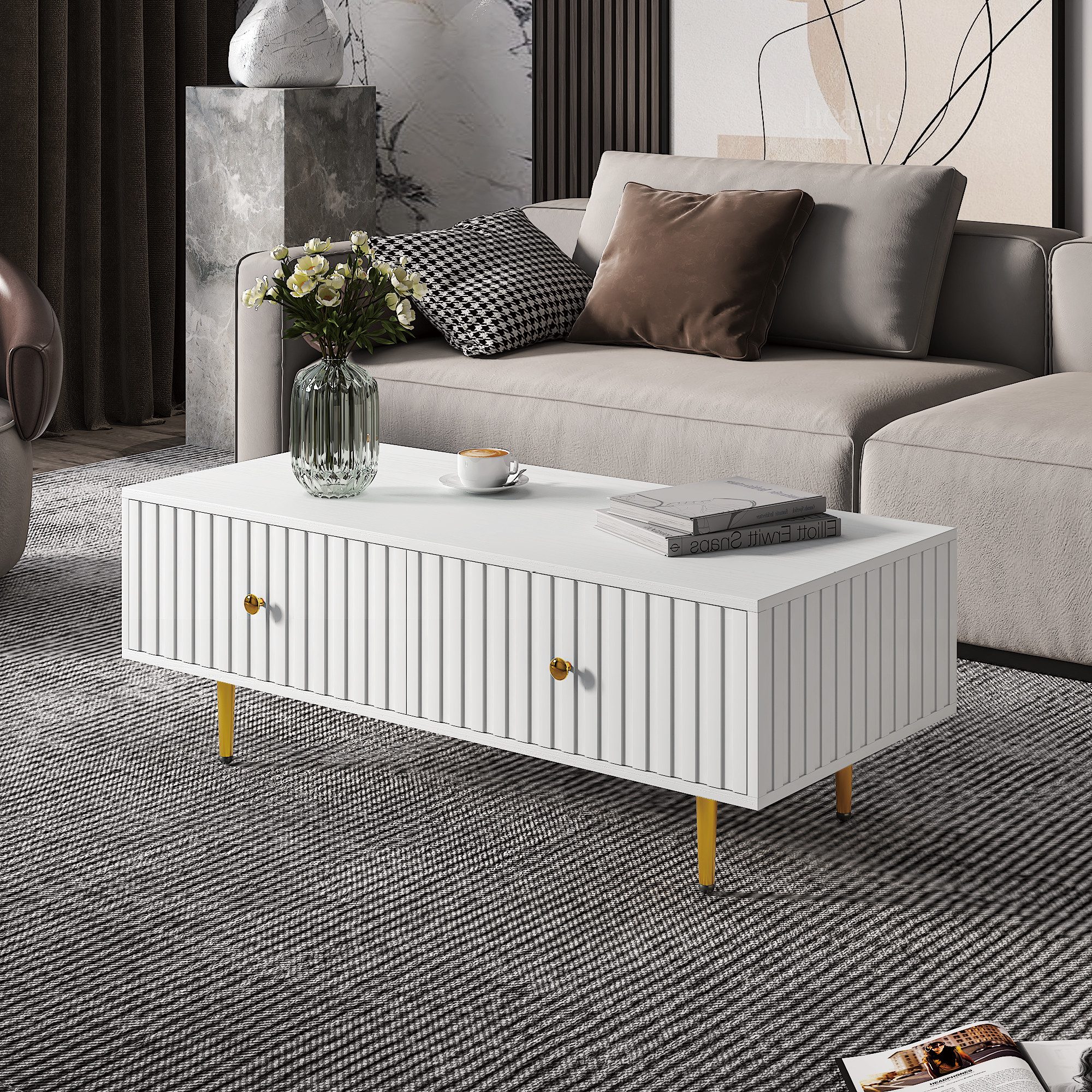 radelldar Couchtisch Kaffeetisch, Sofatisch mit 2 Schubladen und Metallfüßen (1-St)