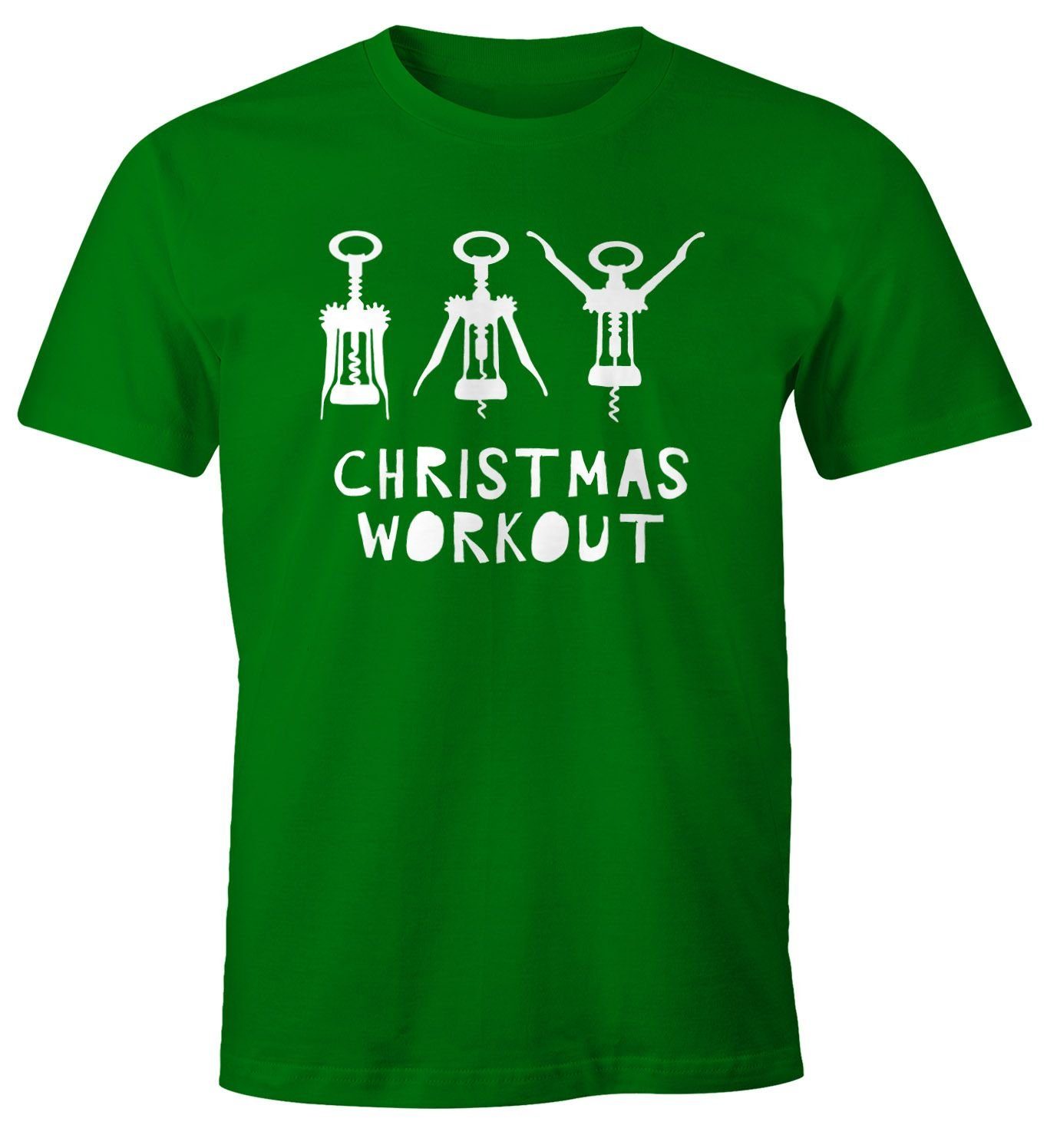 grün Moonworks® Fun-Shirt Korkenzieher T-Shirt Weihnachten Christmas Print-Shirt Flaschenöffner trinken Print mit Wein Herren Workout lustig MoonWorks