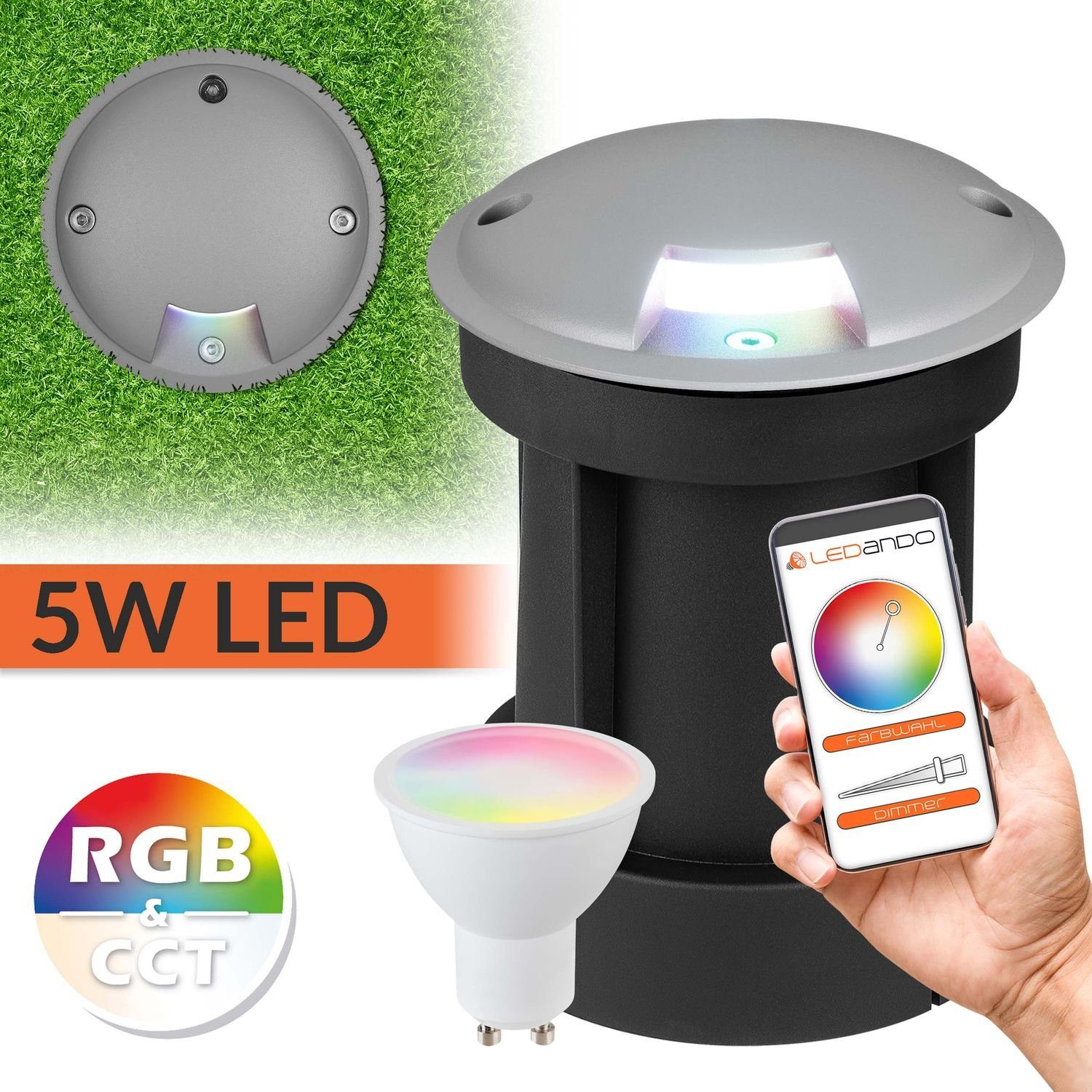 LEDANDO LED Einbaustrahler 5W WiFi LED Bodeneinbaustrahler Set mit 1 Lichtauslass - Smart per App