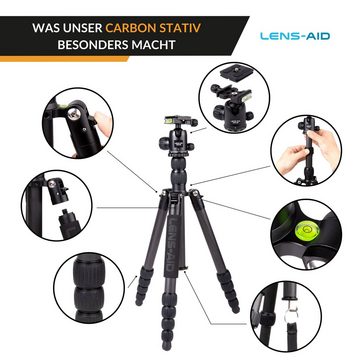 Lens-Aid Dreibein Kamera Reisestativ, Carbon-Fotostativ, DSLR Kamerastativ (Höhe Dreibein 14,5 - 160 cm, Durchmesser Beinsegmente 13 - 25 mm)