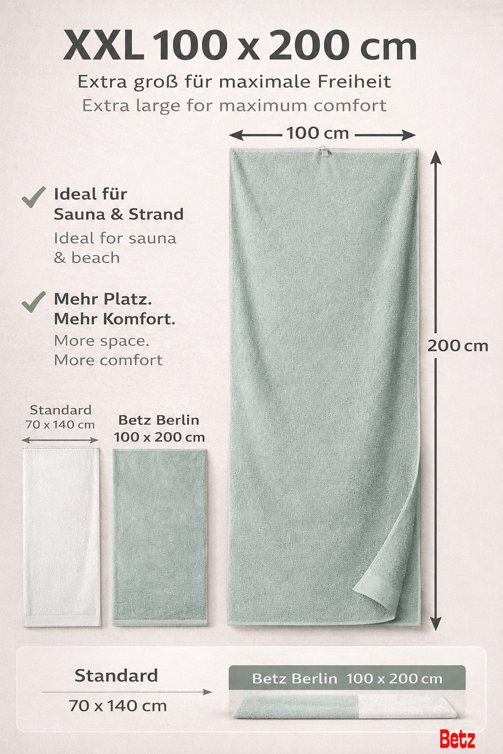 Betz Badetuch Berlin Größe 100 x 200 cm Saunatuch & Strandtuch 360 g/m², 100% Baumwolle (1 Stück, 1-St), saugstark & weich – großes Handtuch mit Aufhänger – Serie Berlin