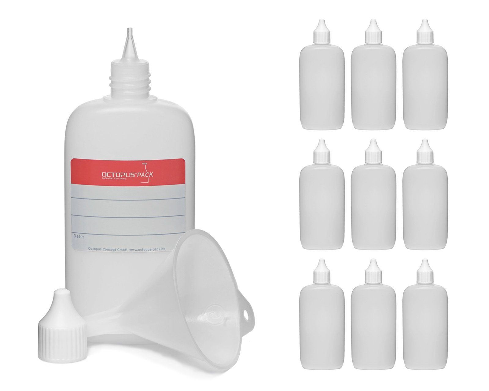 OCTOPUS Kanister 10 Ovalflaschen aus HDPE, natur, Gewinde RD18, mit Deckel und Trichter (10 St) Transparent 100 ml