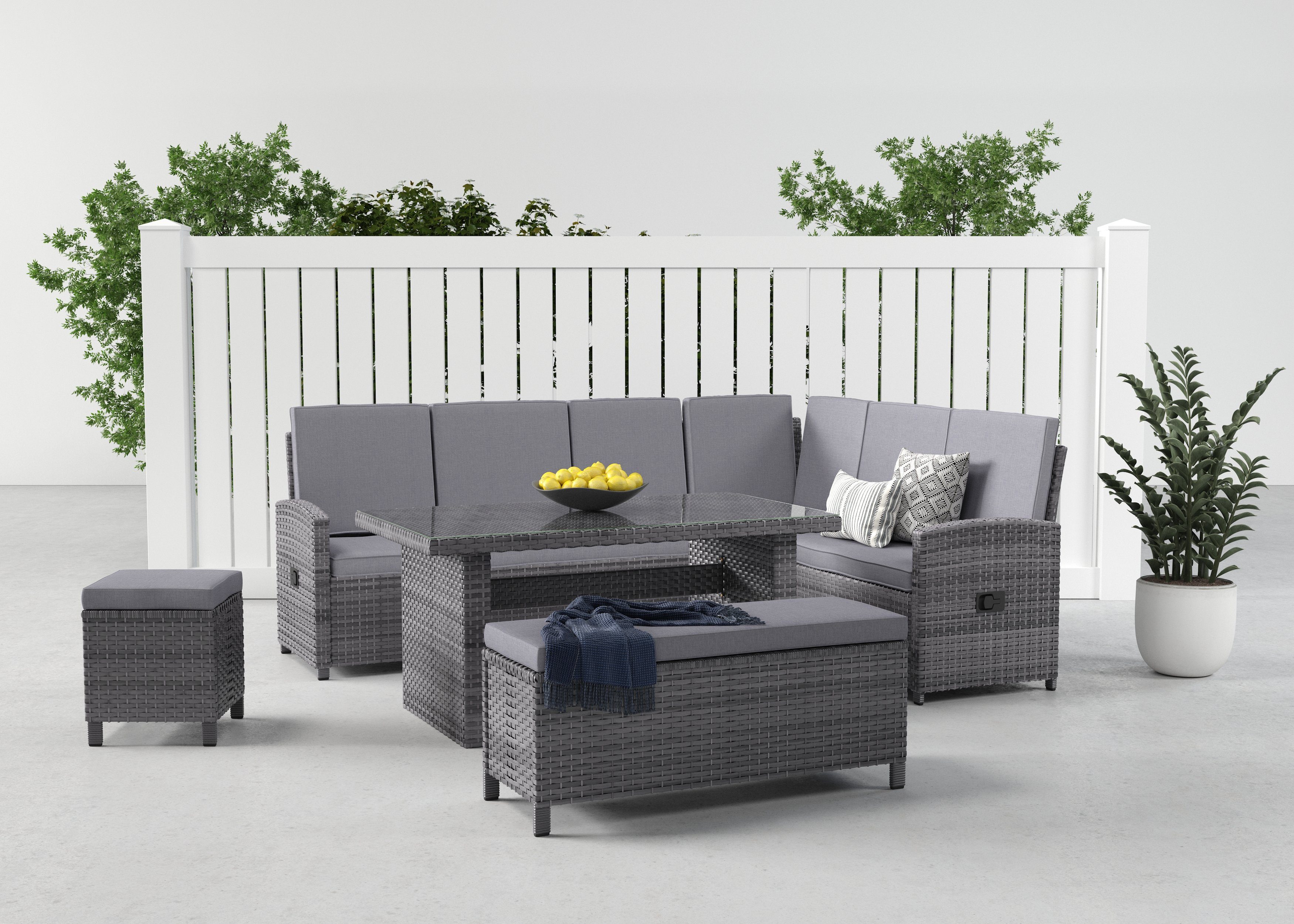 KONIFERA Gartenlounge-Set Paris, (Set, 17-tlg., 2x 3er Bank, 1x Sitzbank, 1x Hocker, 1x Tisch 140x80x67cm, Aluminium), inkl. Auflagen/Schutzhülle, Polyrattan, Rückenlehne verstellbar