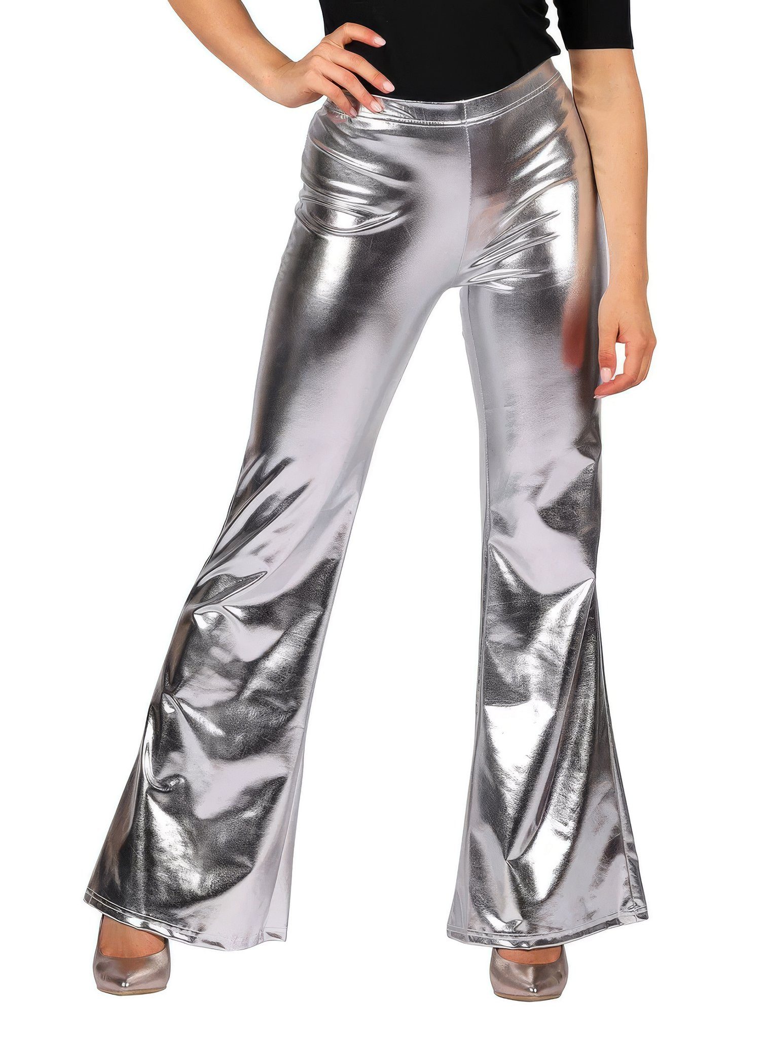 thetru Kostüm Disco Leggings für Damen silber, 70er Jahre Schlaghose mit Metallic-Schimmer