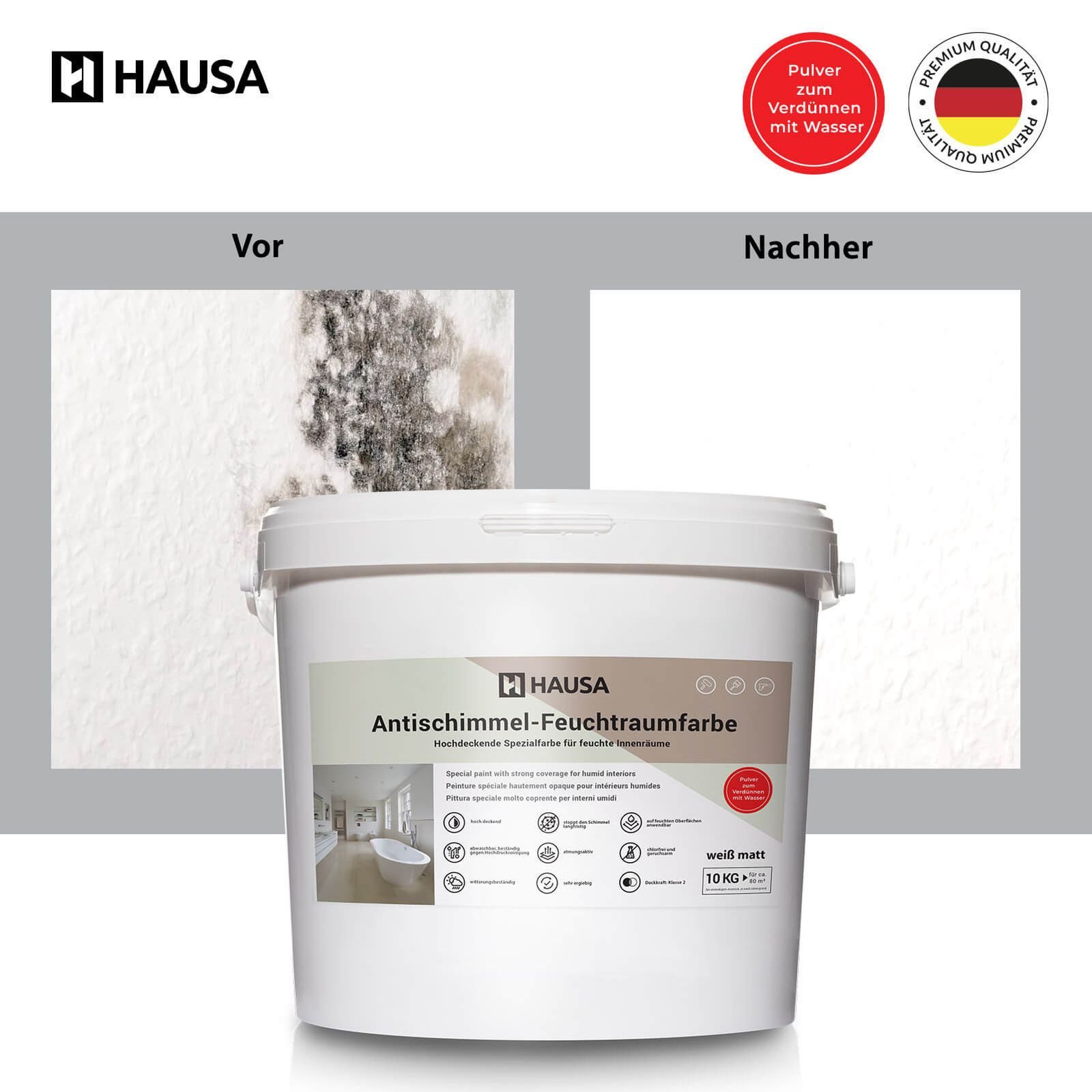 Hausa Feuchtraumfarbe Anti Schimmel Farbe weiß, Feuchtraum Wandfarbe hochdeckende Spezialfarbe für Keller Bad 3 kg