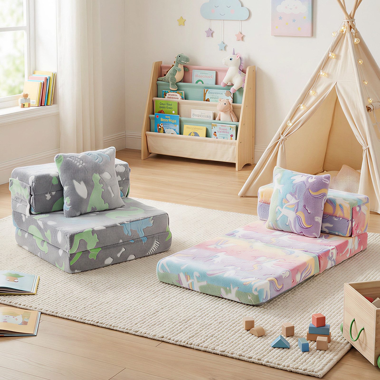 COSTWAY Kindersofa, 3-in-1 Klappsofa-Bett mit abnehmbaren Bezügen, Kissen günstig online kaufen