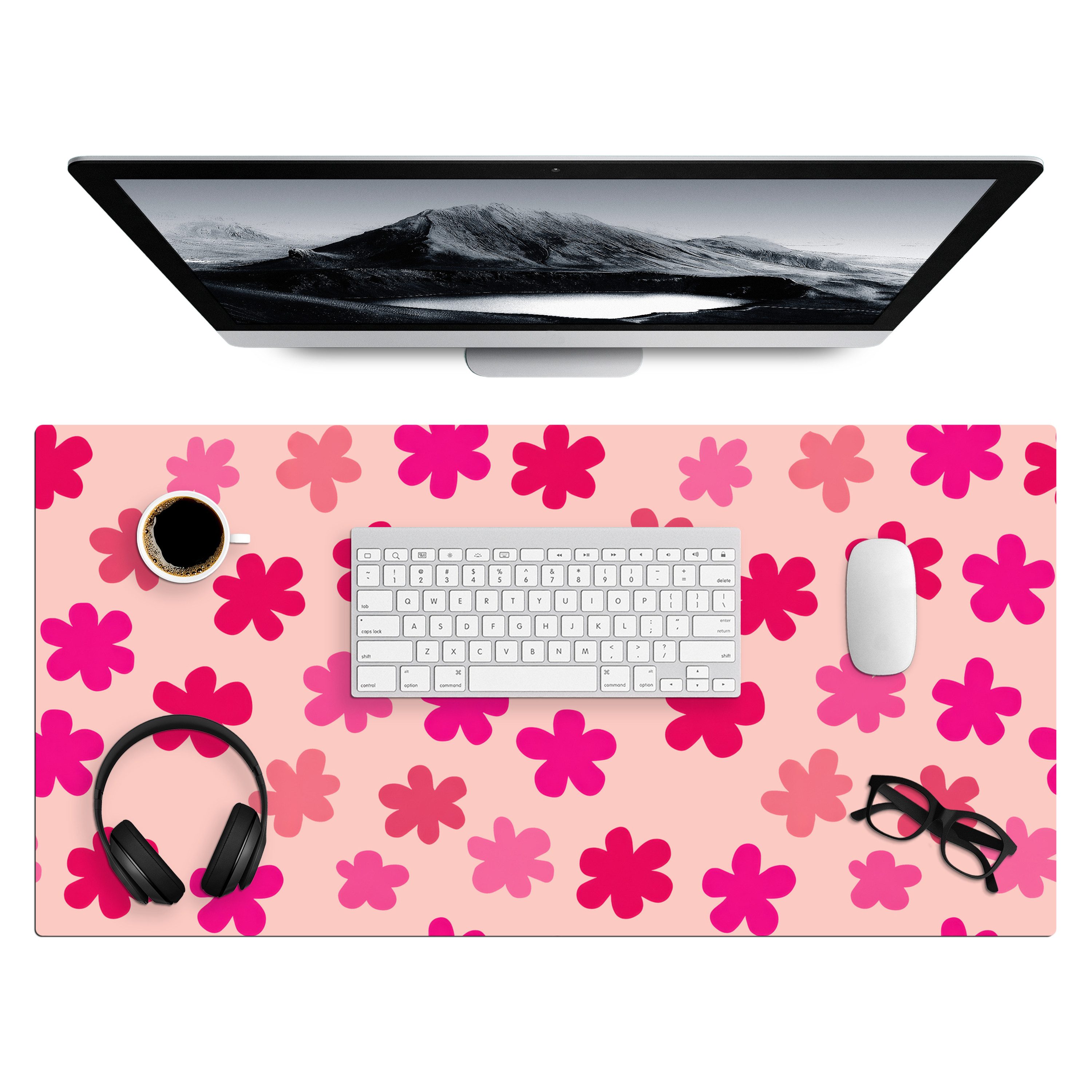 MuchoWow Gaming Mauspad Blumen - Muster - Rosa (1-St), Gaming Mauspad XXL, Schreibtischunterlage, Desk Mat Groß, 80x40 cm