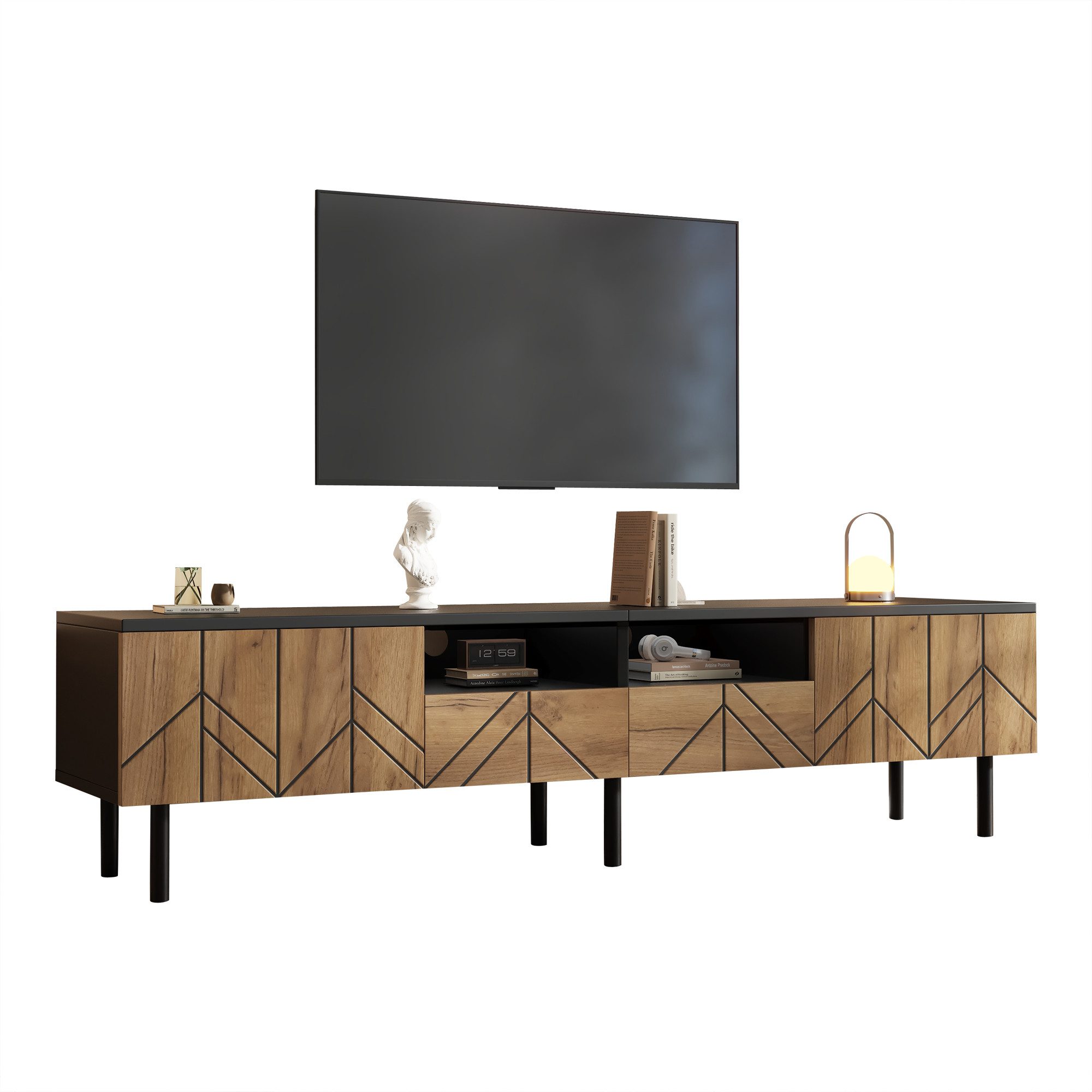 KLAM HOME Lowboard TV-Schrank 180cm mit Schubladen & Türen, Schwarz-Holzoptik (Modernes Lowboard aus Spanplatte mit hoher Traglast bis 75kg), Minimalistischer Fernsehtisch mit Stauraum für das Wohnzimmer